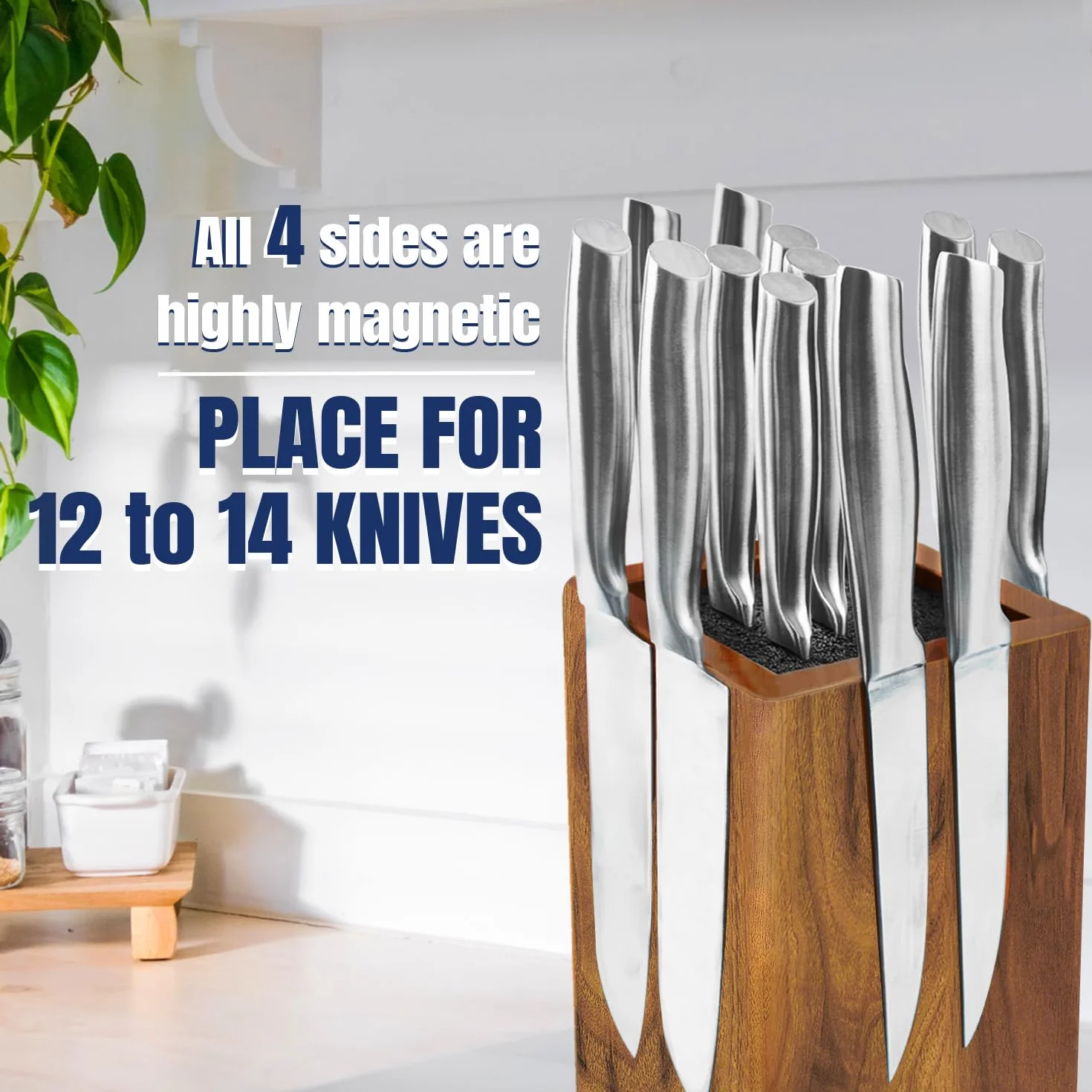 Dmore Bloque magnético para cuchillos giratorio 360°, sin cuchillos, soporte magnético para cuchillos de madera de acacia, extra gran capacidad, para cuchillos y utensilios para mesa de cocina