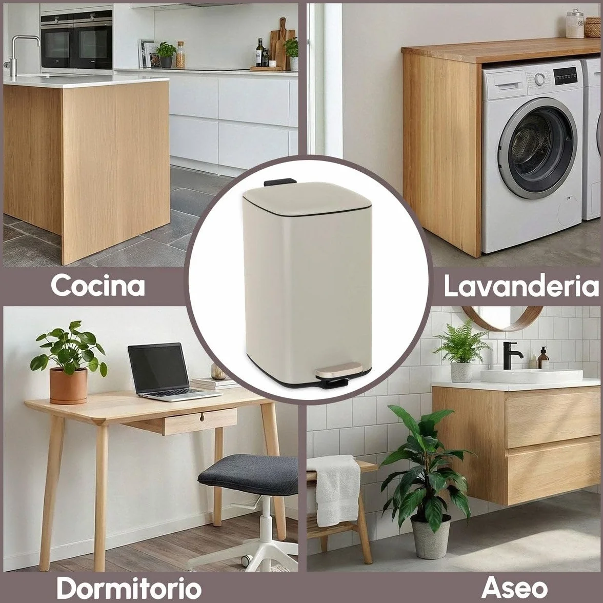 Cubo de Basura Metálico 20L Beige Mate Antihuellas 37x27x45 cm con Pedal y Cierre Suave