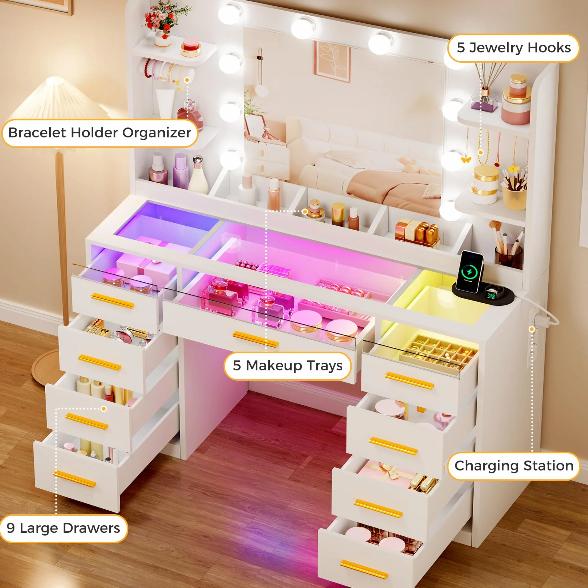 ANWBROAD Grande Tocador de Maquillaje con Espejo y Luces LED, 9 Cajones RGB, Mesa Moderna Blanco BDT95W