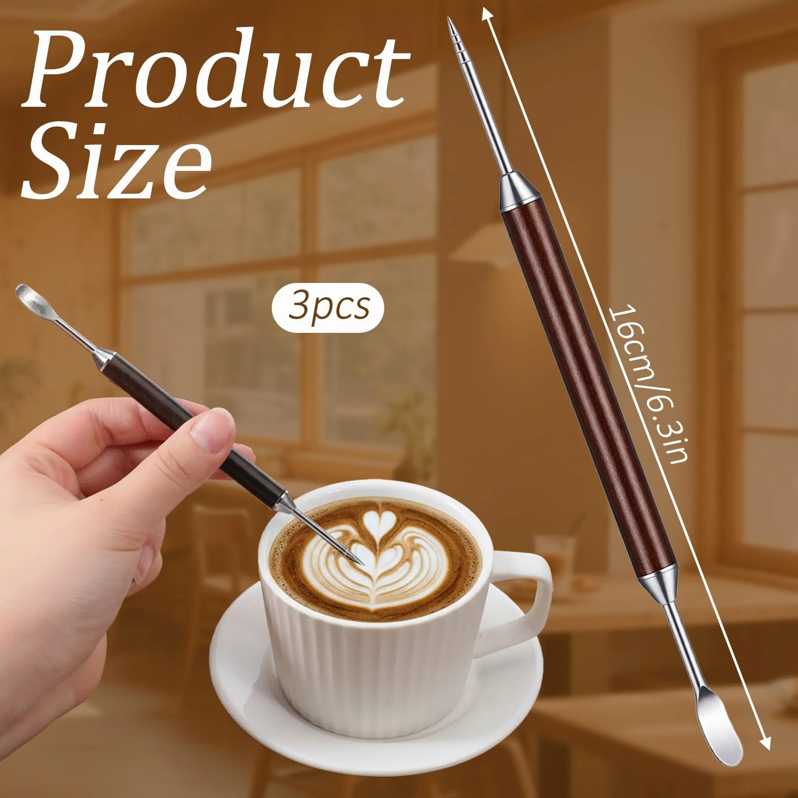 16 cm doble cara café arte bolígrafo, 3 unidades de acero inoxidable Latte Art Pen con mango de madera Barista Latte Art Pen Espresso Decorar accesorios de café para capuchino Latt Dekorier
