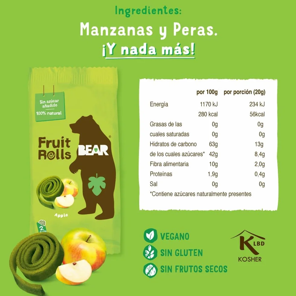 BEAR Rollitos de Fruta Sabor Manzana 100% Naturales Snacks 18 bolsitas 20g 360g