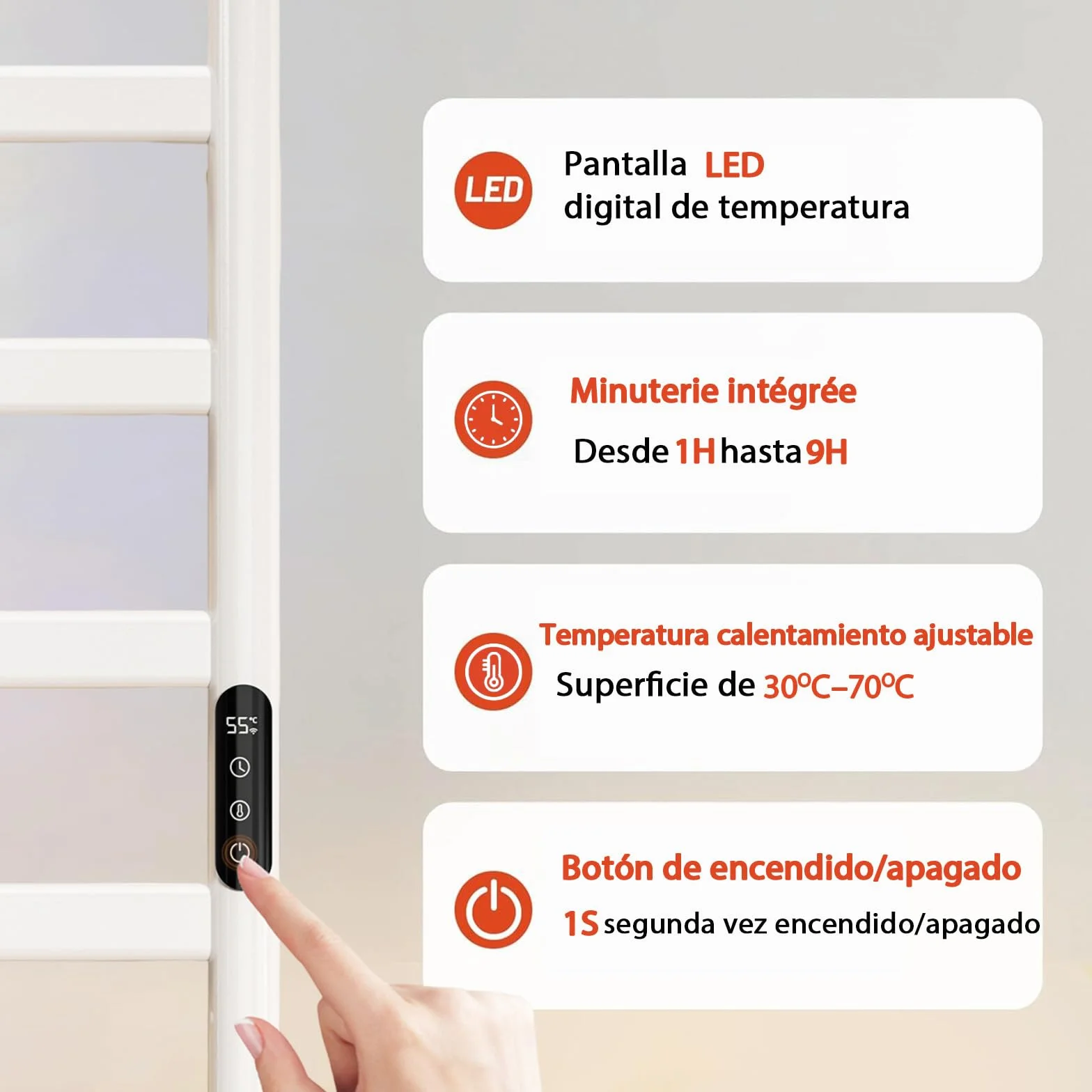 Radiador Toallero Eléctrico Baño, 285 W Radiador Calienta Toallas de Toallero, Toallero Calentado Temperatura Ajustable 30–70 °C, Temporizador 1-9 H y Pantalla táctil LED, IPX4, 50x100cm, Blanco