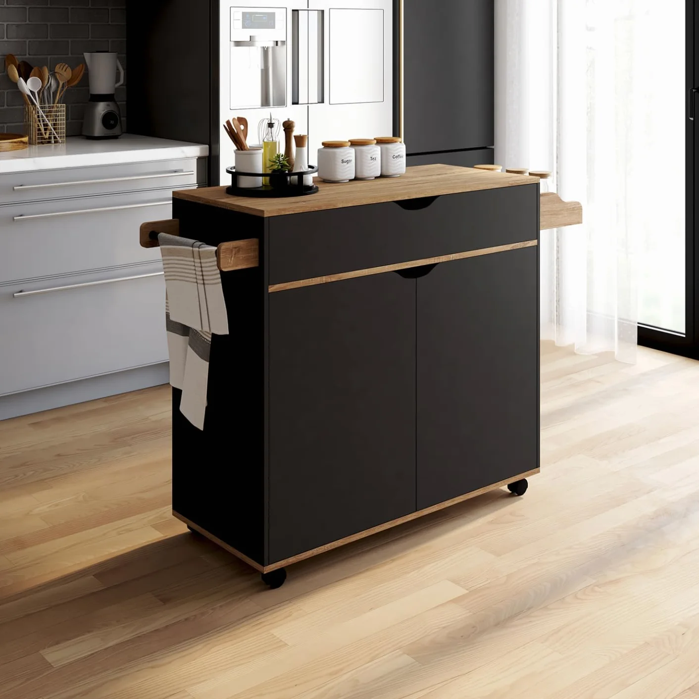 IDMarket – Postre de cocina COSY XXL armario con cajón negro y bandejas de haya, 90 cm