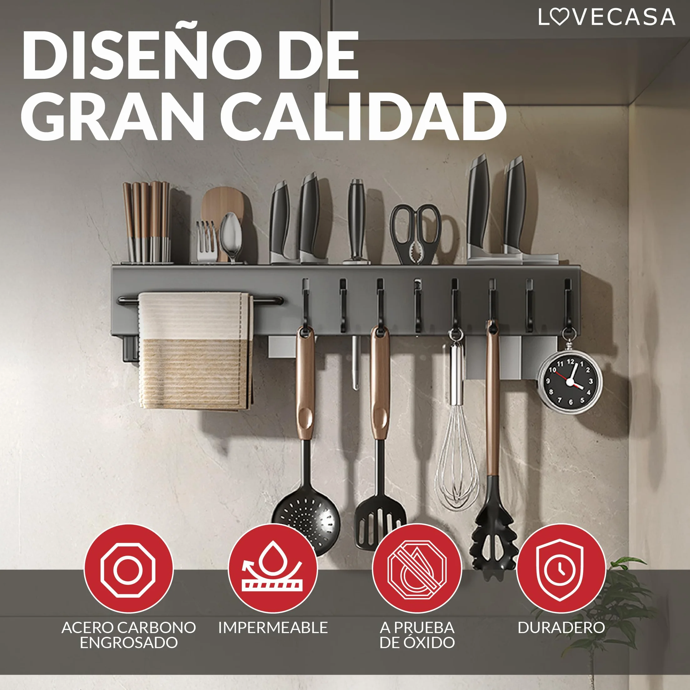 Organizador de cocina - cuchillero de pared - soporte para utensilios de cocina con ganchos y portacubiertos - organizador multifuncional ahorra espacio
