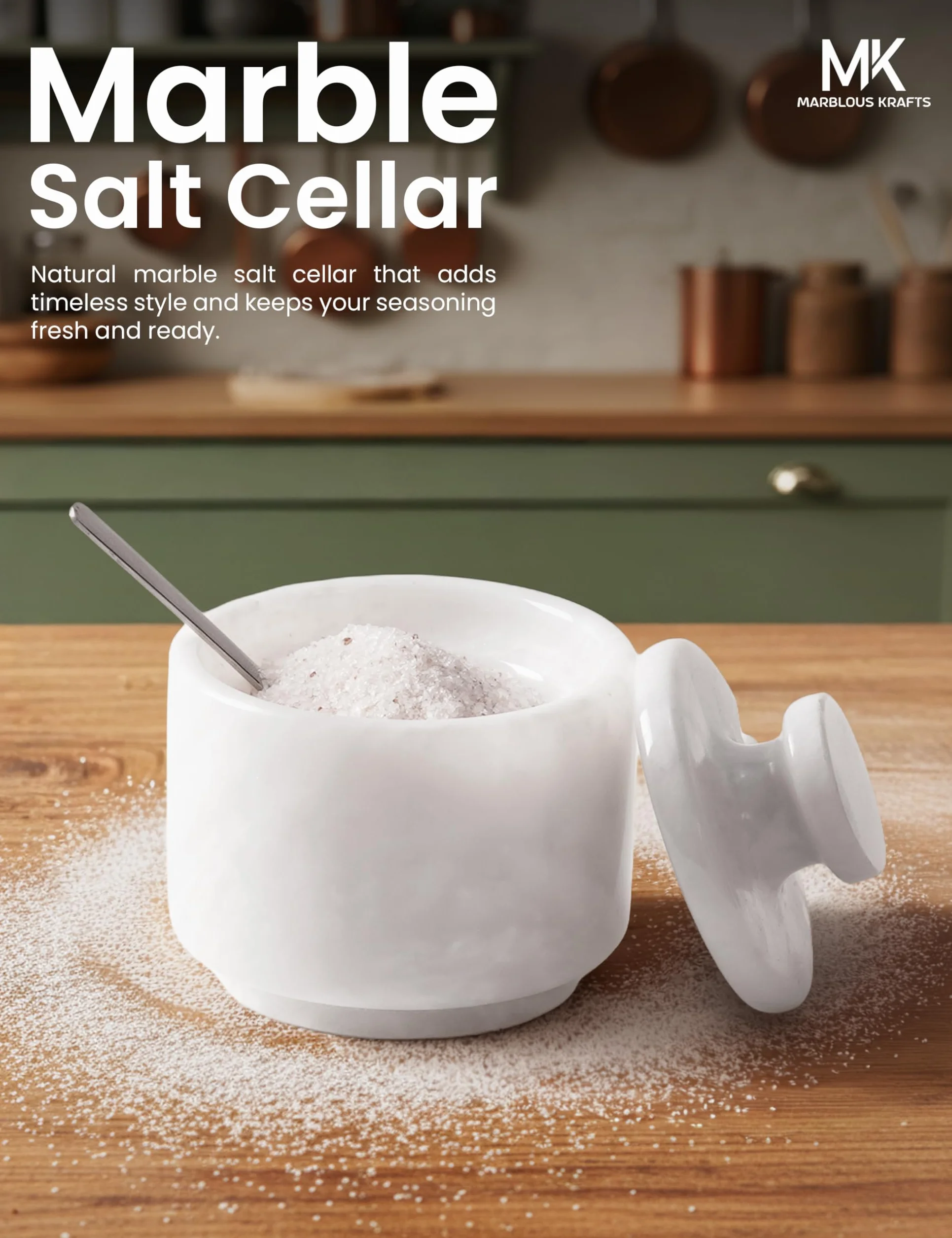 MARBLOUS KRAFTS Salero de mármol con tapa y cuchara de 3" blanco, recipiente pequeño para sal en escamas, tarro de condimentos, almacenamiento de especias para encimera, ideal para caja de sal, tarro