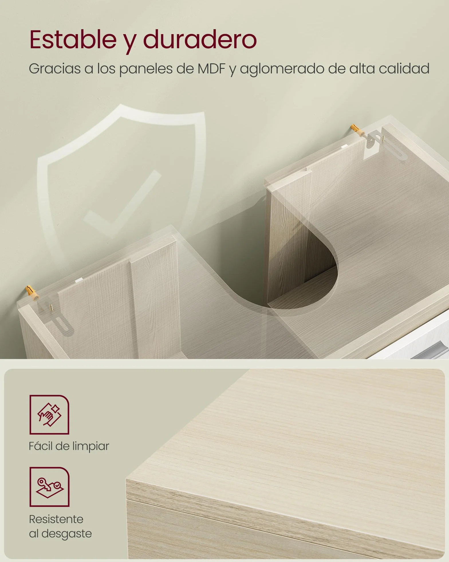 VASAGLE Armario de Baño 3 Cajones 30 x 60 x 64 cm Blanco Nube Beige Natural