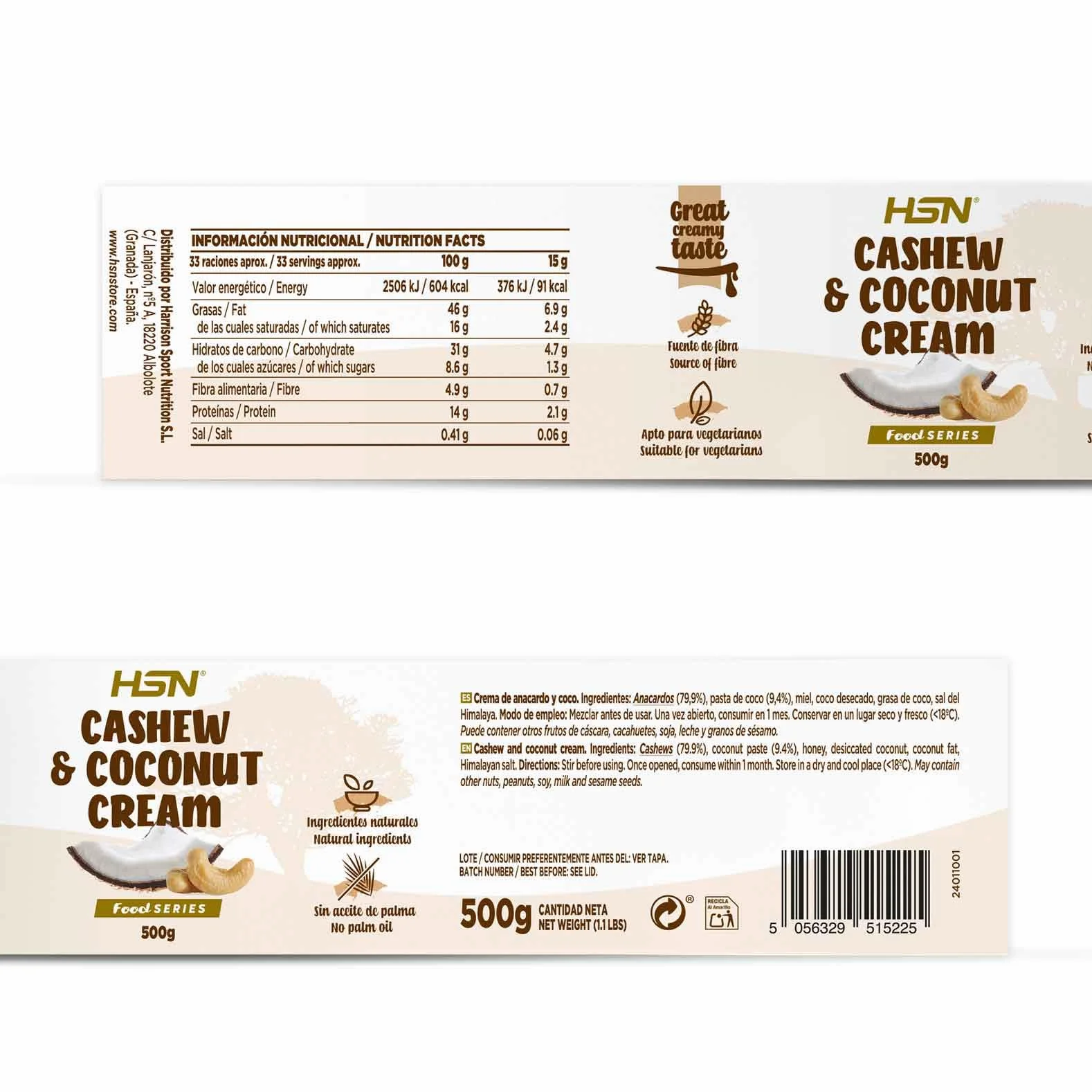 Crema de Anacardo y Coco 500g Natural con Sal Rosa del Himalaya Vegana