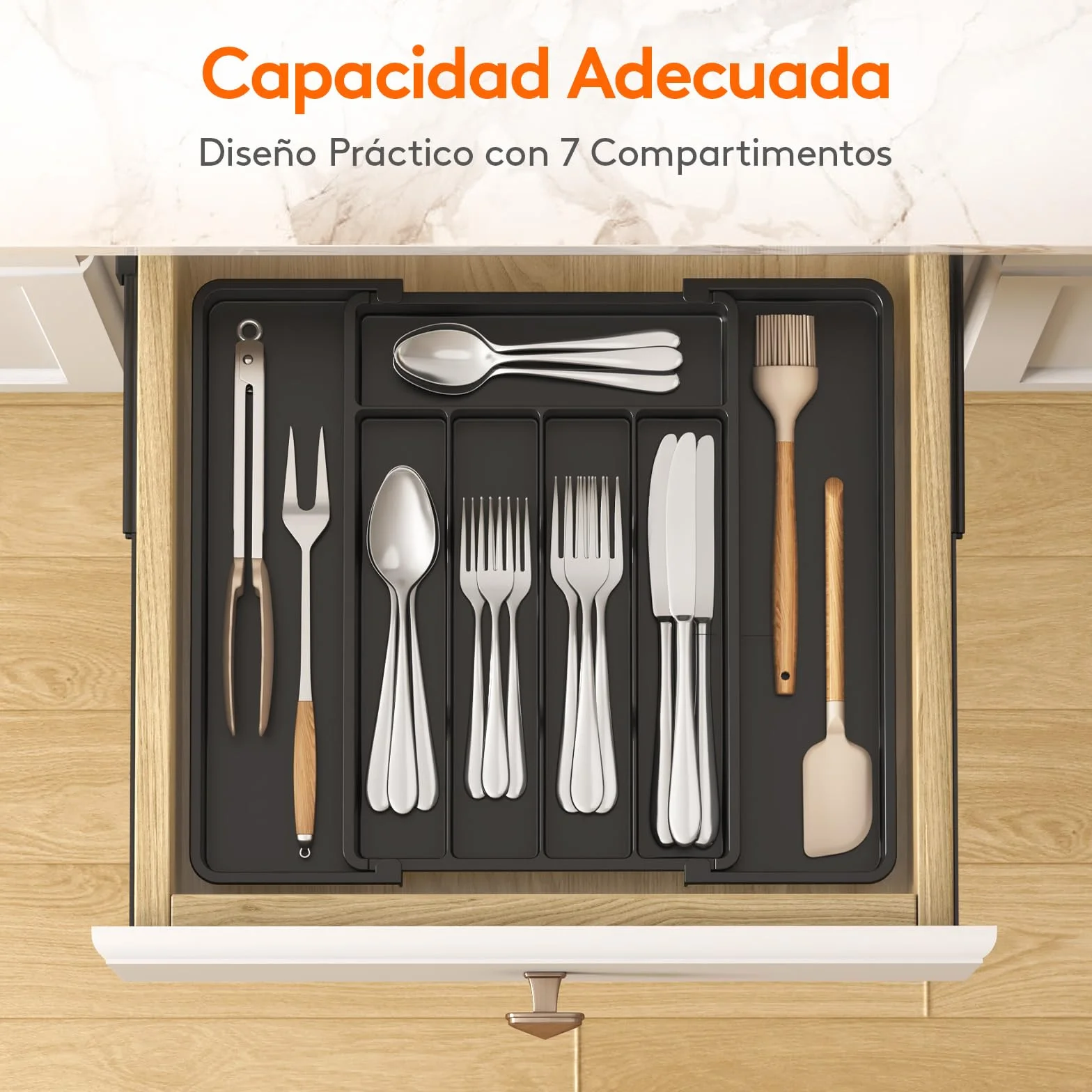 Lifewit Organizador de Cubiertos para Cajón Cocina, Bandeja Extensible 24-41 x 34 cm, Negro