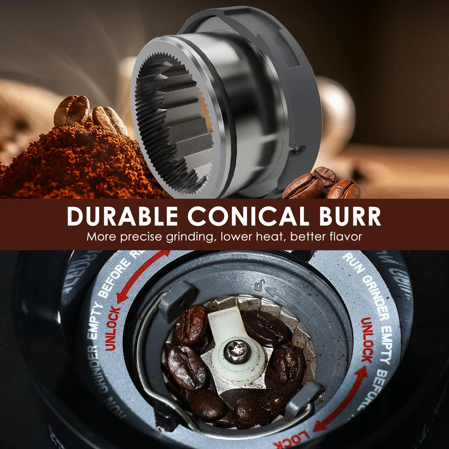 Homtone Molino de Café Eléctrico, 51 Niveles de Molienda Ajustables, Molinillo Cónico de Acero Inoxidable, Tecnología Antiestática, para Espresso, Café de Filtro y Prensa Francesa, 160 W (Plata)