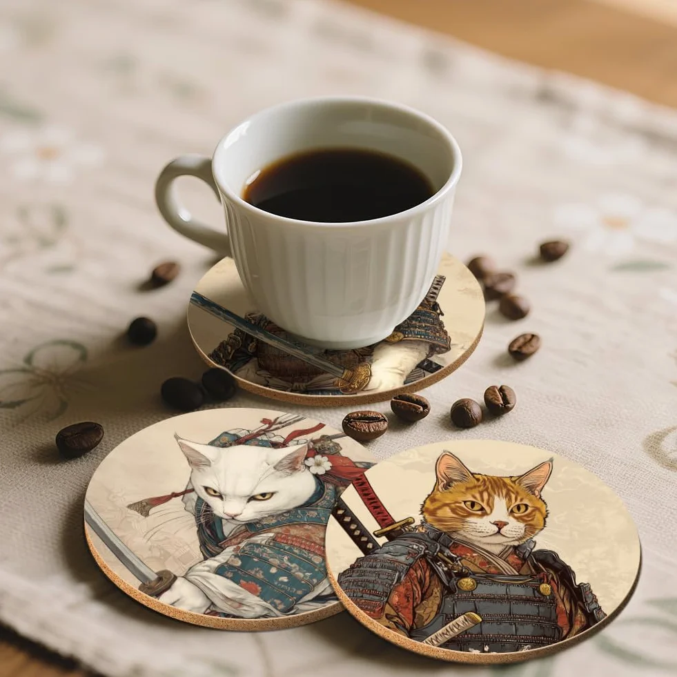 ANATTASOUL 9Pcs Gato Samurái Posavasos Madera, Posavasos De Madera, Reutilizables, Redondos, Drink Coasters, Taza para Café, Bar, Cocina, Restaurante