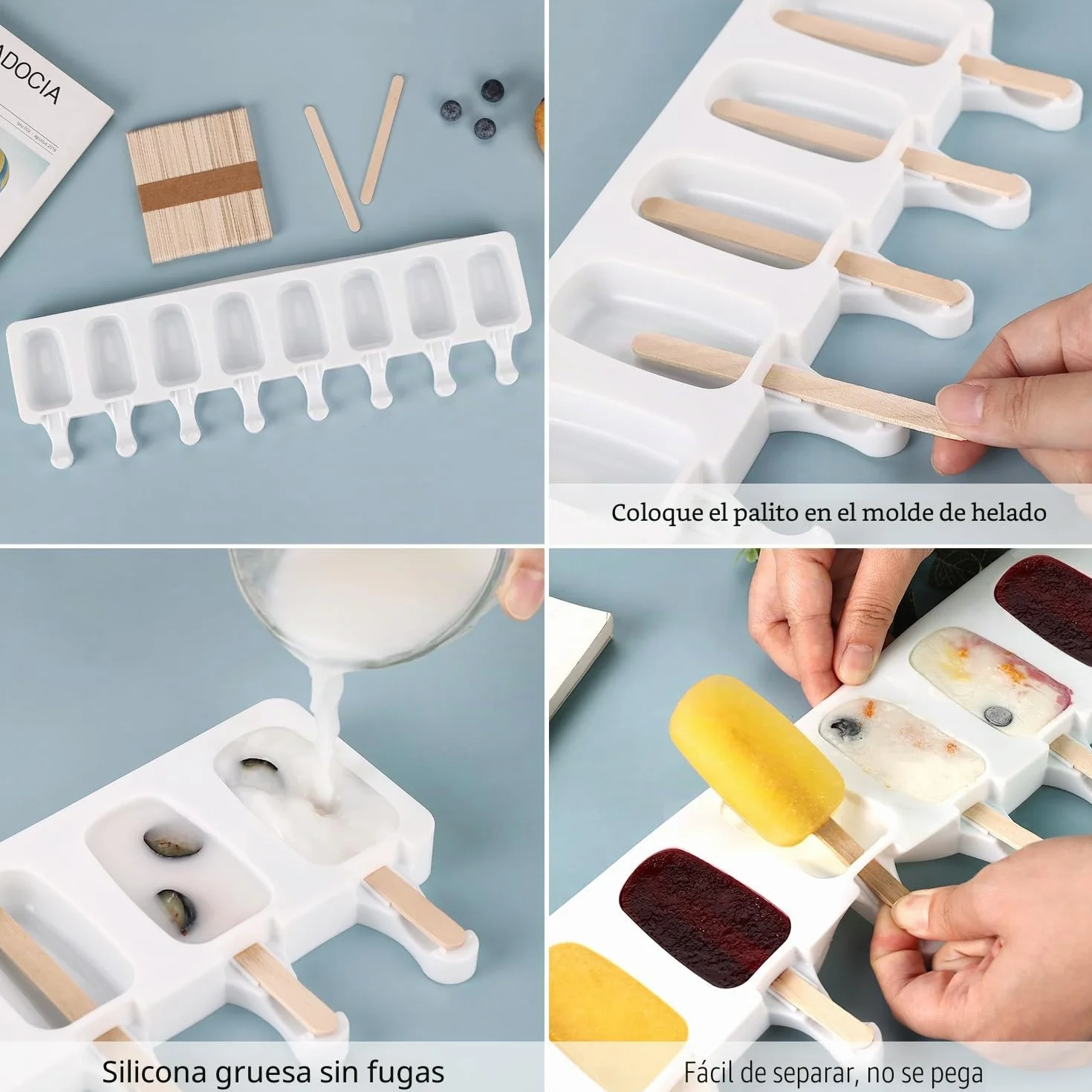 Moldes Helado Silicona Magnum Paletas sin BPA 100 Palitos Madera Natural