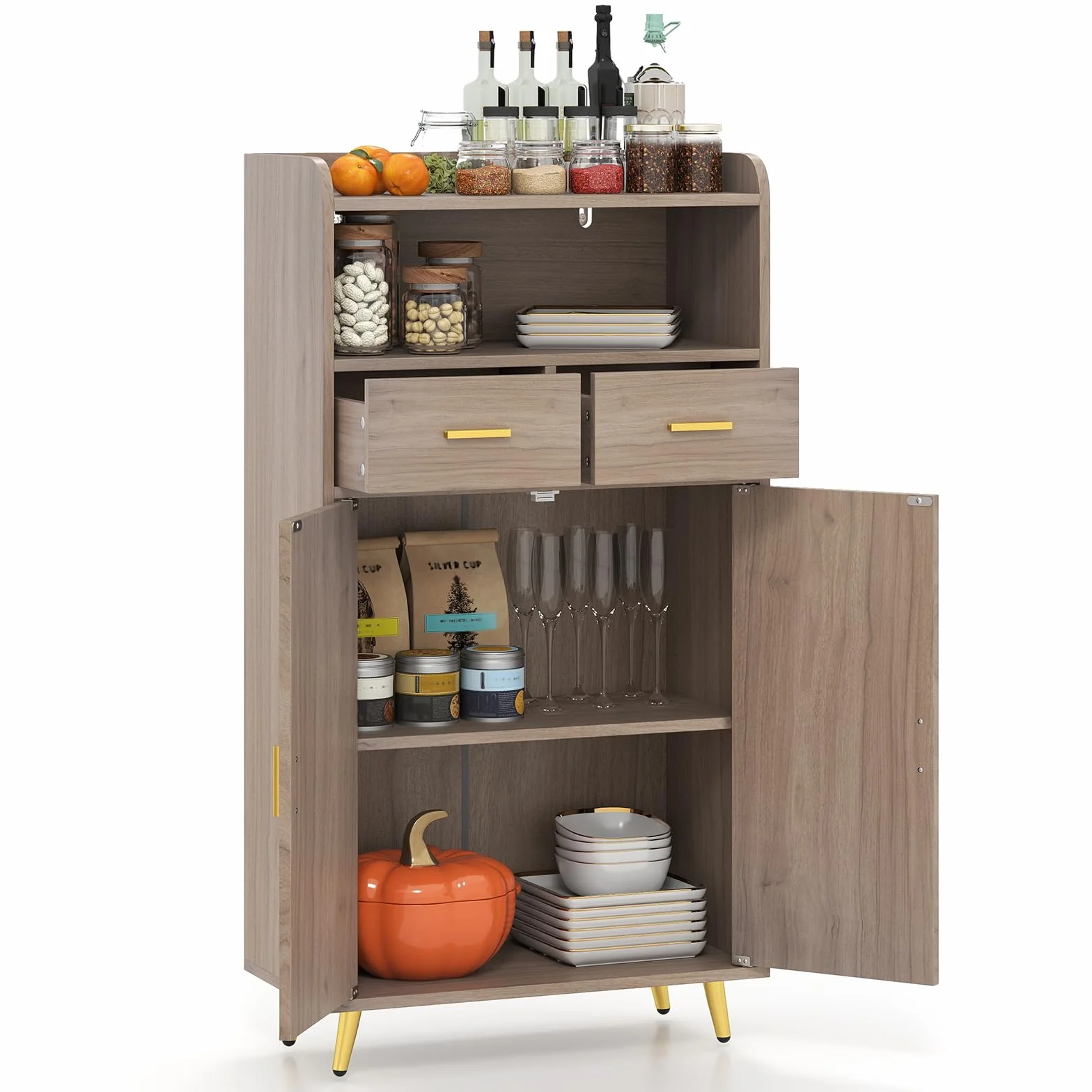 GIANTEX Aparador Buffet de Cocina con 2 Puertas, 2 Cajones y Estantes Abiertos, Armario Auxiliar con Kit Antivuelco, 60 x 30 x 113 cm, Mueble de Almacenamiento para Salón, Comedor, Entrada (Gris)