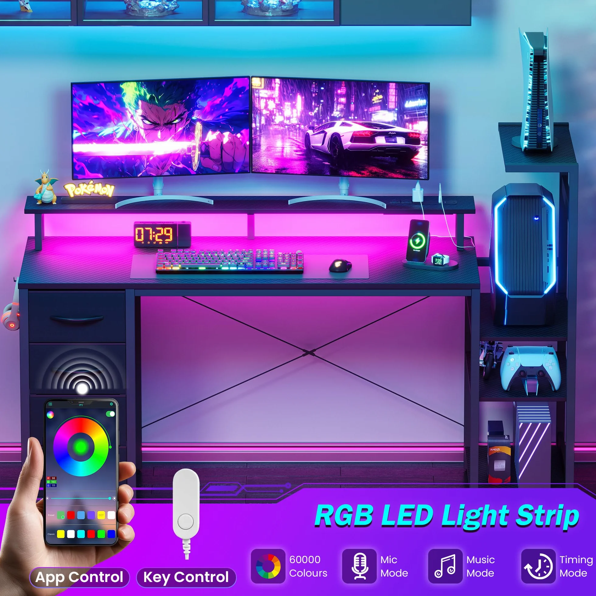 YOUDENOVA Escritorio para juegos con 4 cajones de tela, 150 x 48 cm, doble cara, con LED y enchufe, escritorio de oficina con soporte de monitor, conexión USB, mesa para oficina en casa y jugadores