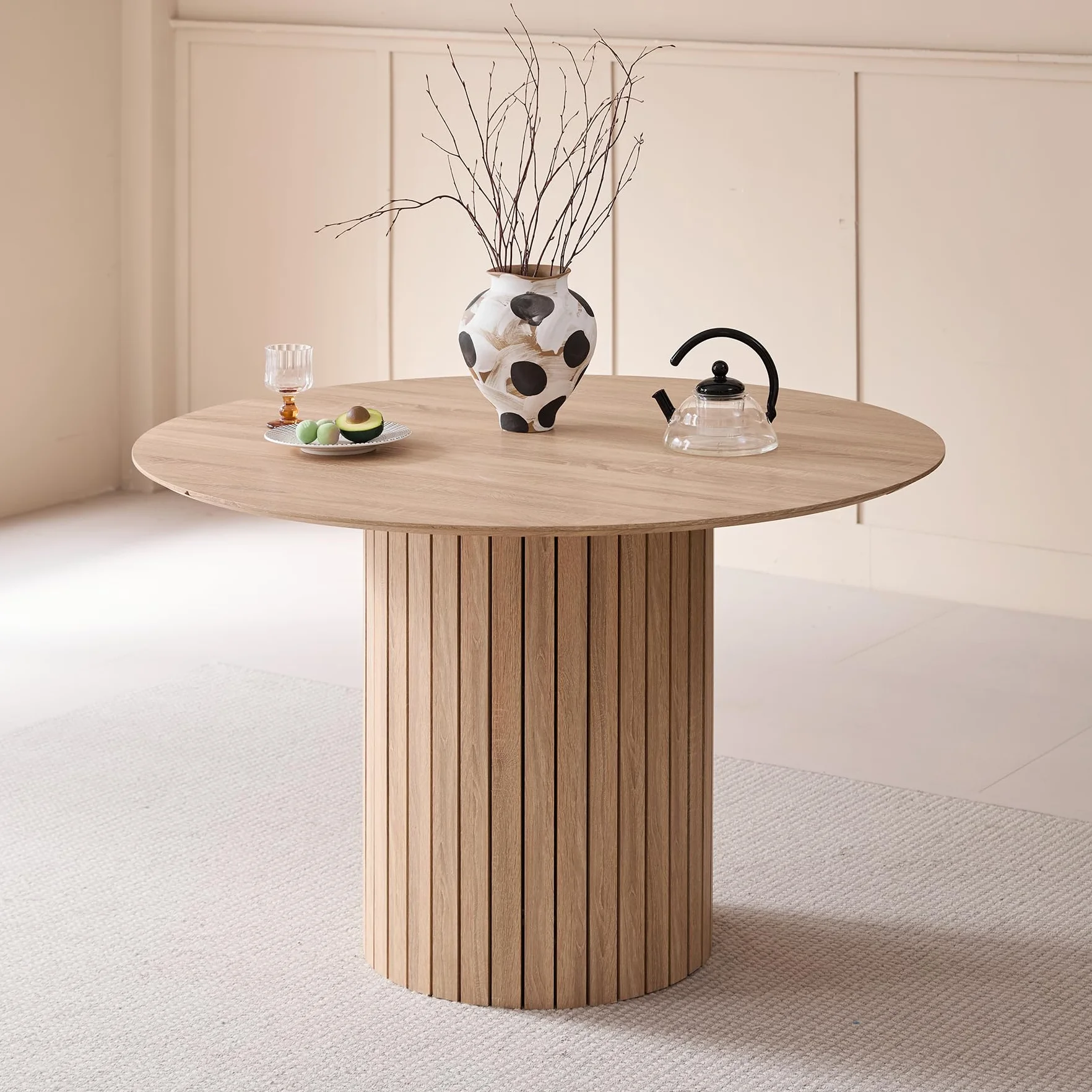 GrandCA HOME Mesa de Comedor Redonda, Mesa de Cocina Moderna de 120 cm, Mesa de Comedor con Base Redonda de Madera, Escritorio Grande de MDF para 4-6 Personas, Marrón Claro