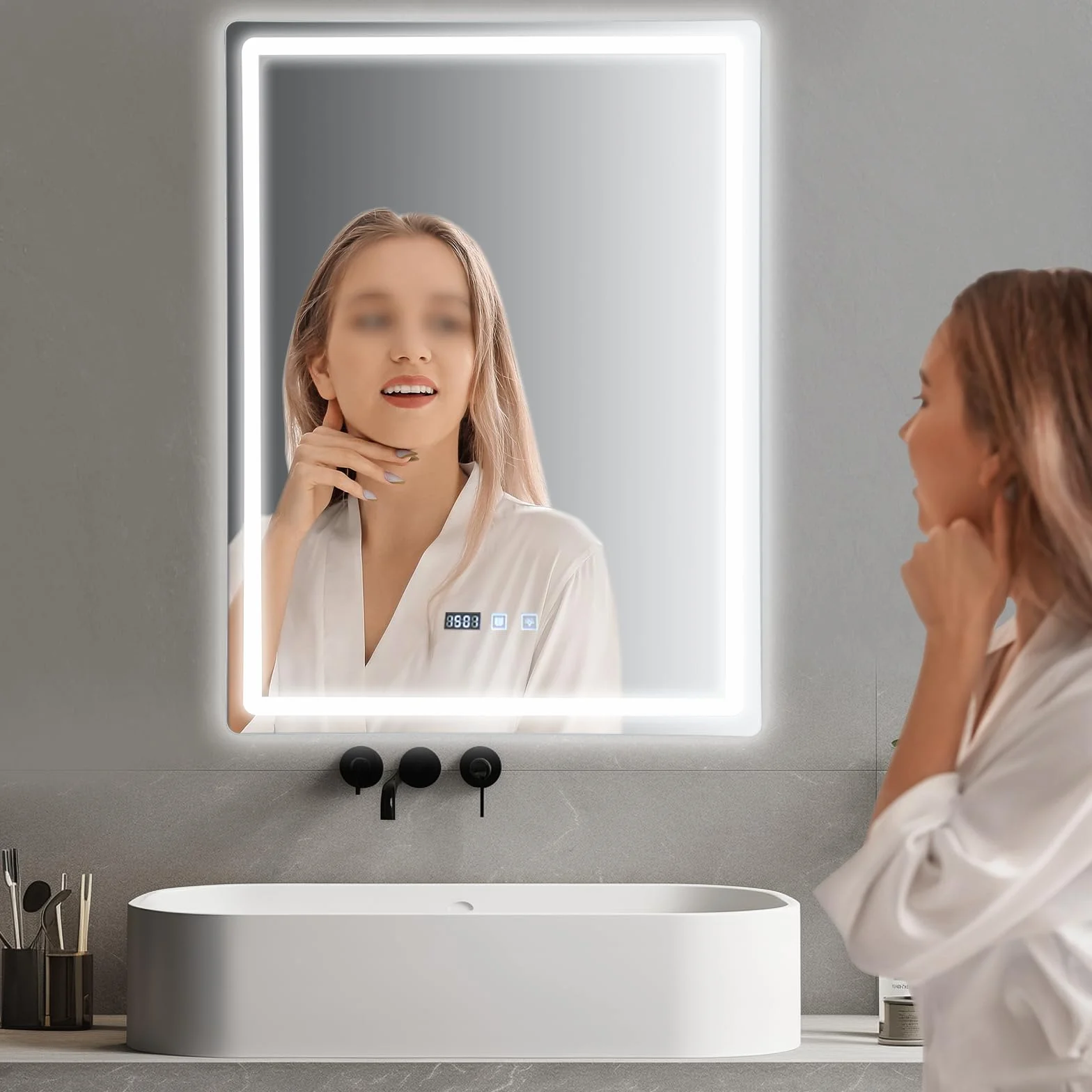 Espejo de Baño LED 60 x 80 cm, IP54, con Luz Regulable, Anti-Niebla, Display de Temperatura y Hora, Memoria de Ajustes Favoritos