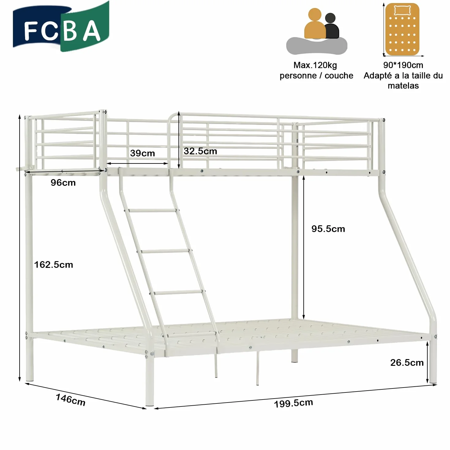 MEUBLE Cosy Litera 3 Personas Marco de Camas Infantil 90 & 140x190cm de Metal con Somier Barandilla y Escalera Estructura Tubular para Niño Dormitorio Casa, Blanco