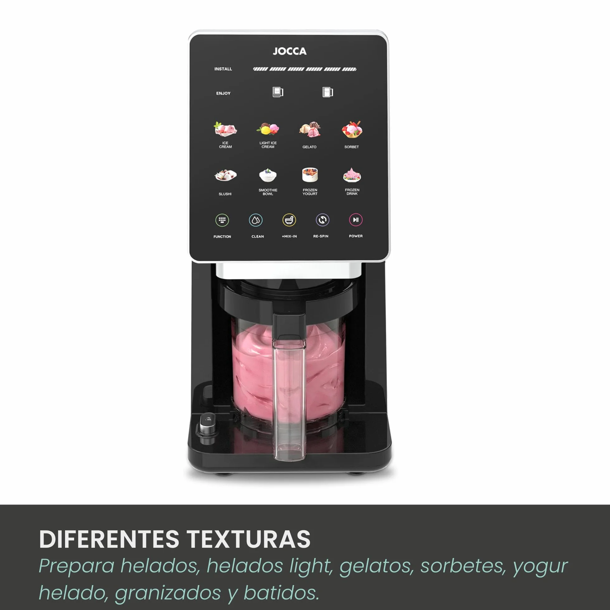 JOCCA - Máquina de Helados/Heladera Multifunción con 11 Programas, Función Limpieza, Procesamiento Rápido, Pantalla LED Táctil, Prepara hasta 1,95L de helado con sus 3 recipientes