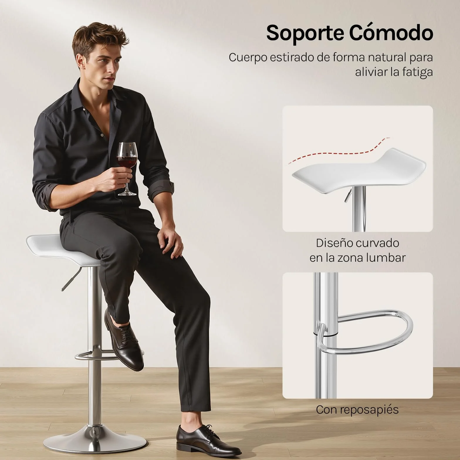 WOLTU Taburetes Cocina Giratorios 360° Altura Ajustable Asiento PVC Blanco+Plata