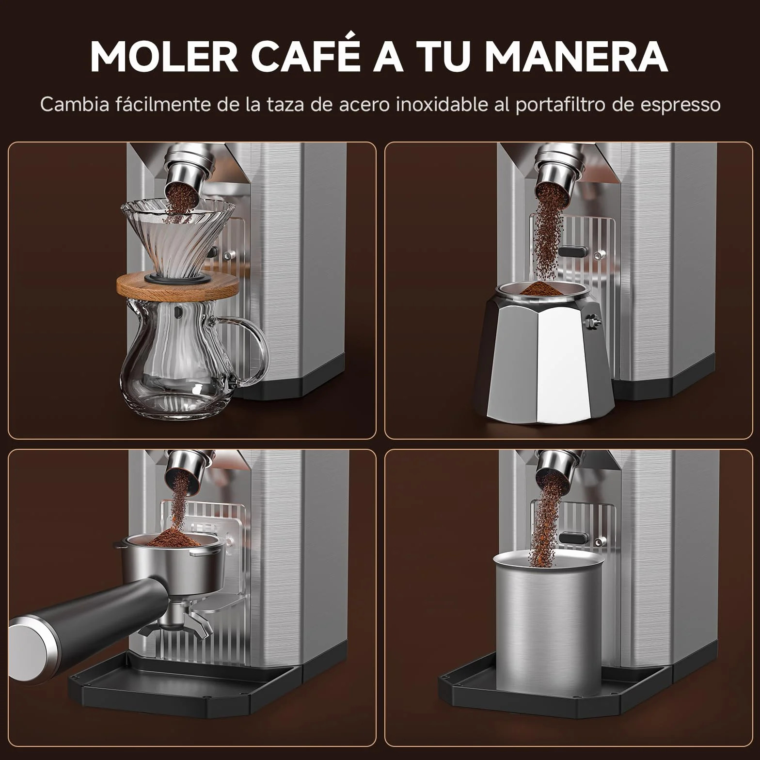 AMZCHEF Molinillo de Café Eléctrico para Espresso, 45 Ajustes de Molienda, Muelas Cónicas de Acero Inoxidable, Soporte para Portafiltros Ajustable, Panel Táctil LED, Tecnología Anti-Stática