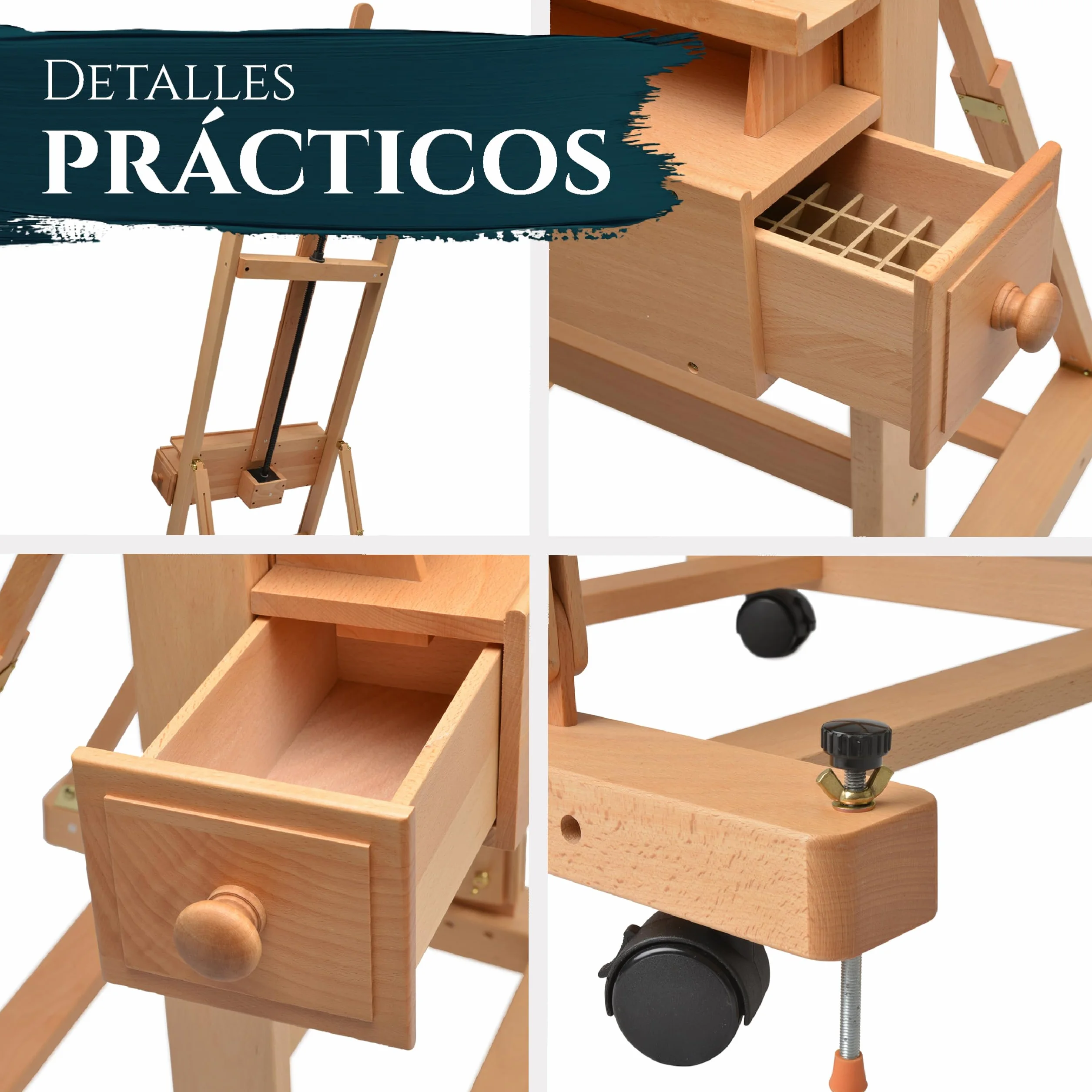 Artina Caballete de Pintura Profesional de Estudio con Ruedas Pisa - Caballete Profesional Madera Maciza de Haya - para Lienzos hasta 210cm de Altura con Cajones para Todos Sus Utensilios de Pintura
