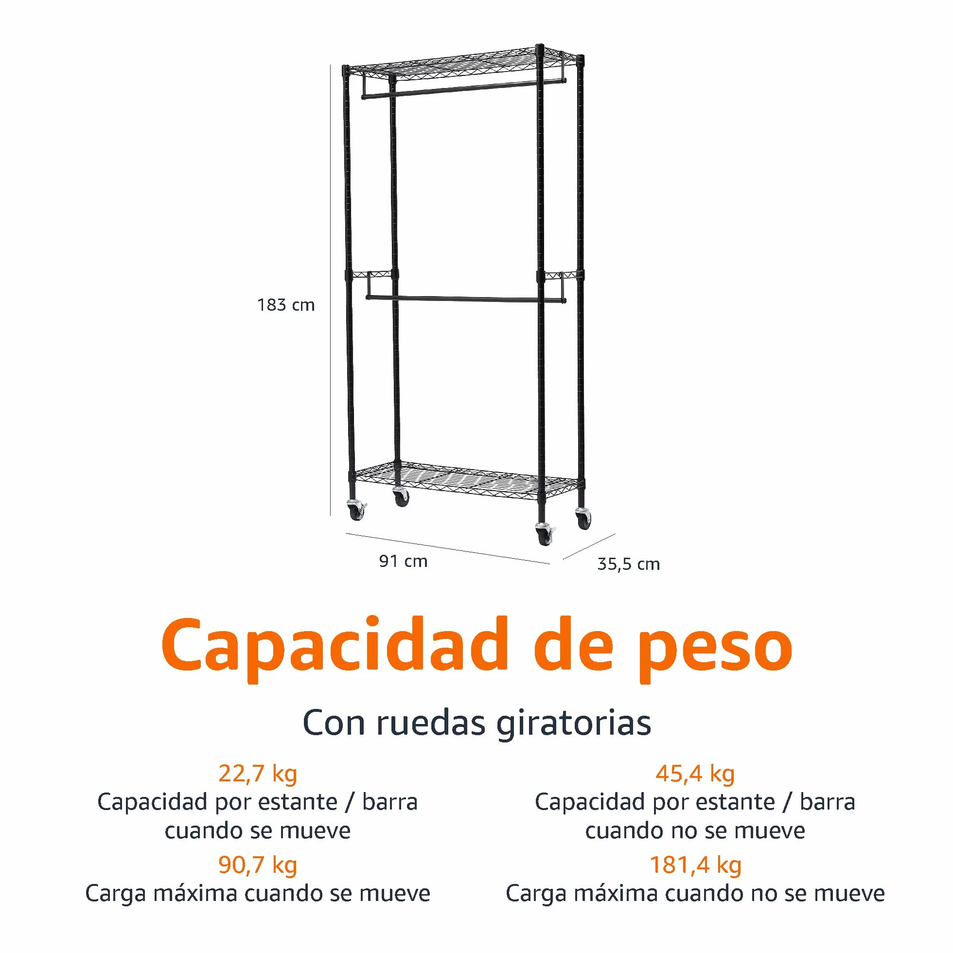 Amazon Basics Perchero de ropa de doble barra con ruedas, Negro 91,4 cm x 35,5 cm x 183 cm
