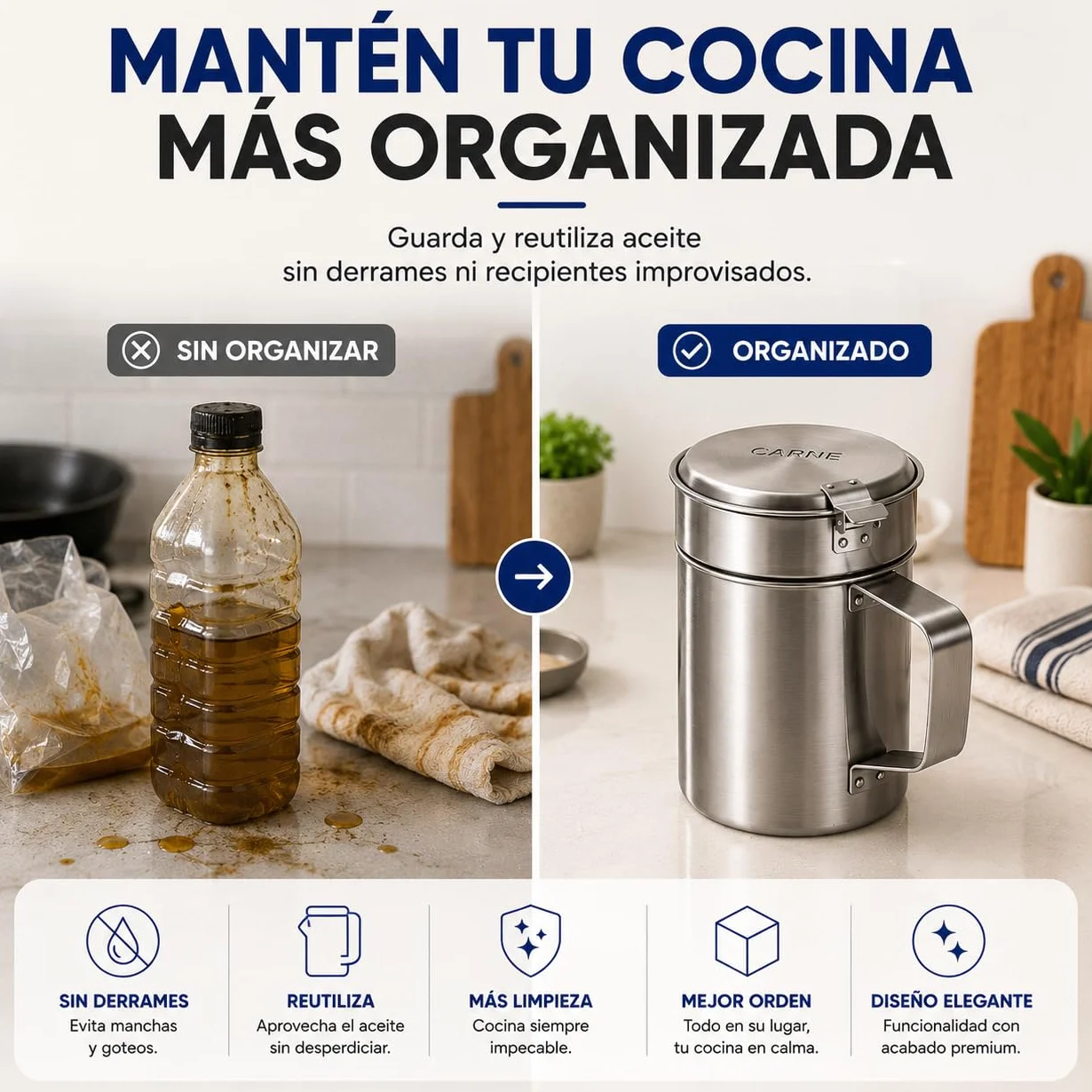 Aceitera Acero Inoxidable 500ml con Filtro Antigoteo para Aceite Usado Carne Pescado