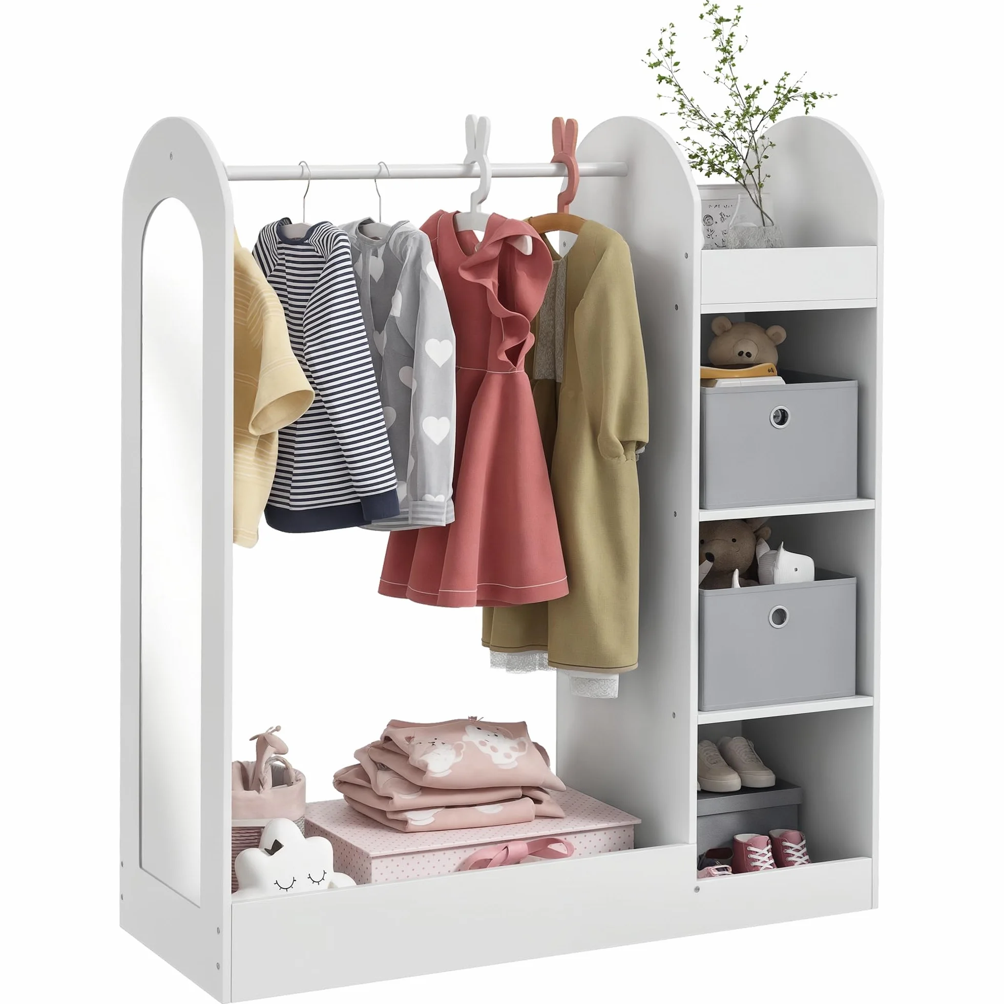 AIYAPLAY Perchero de ropa para niños con estante de almacenamiento, cajas y espejo, armario blanco