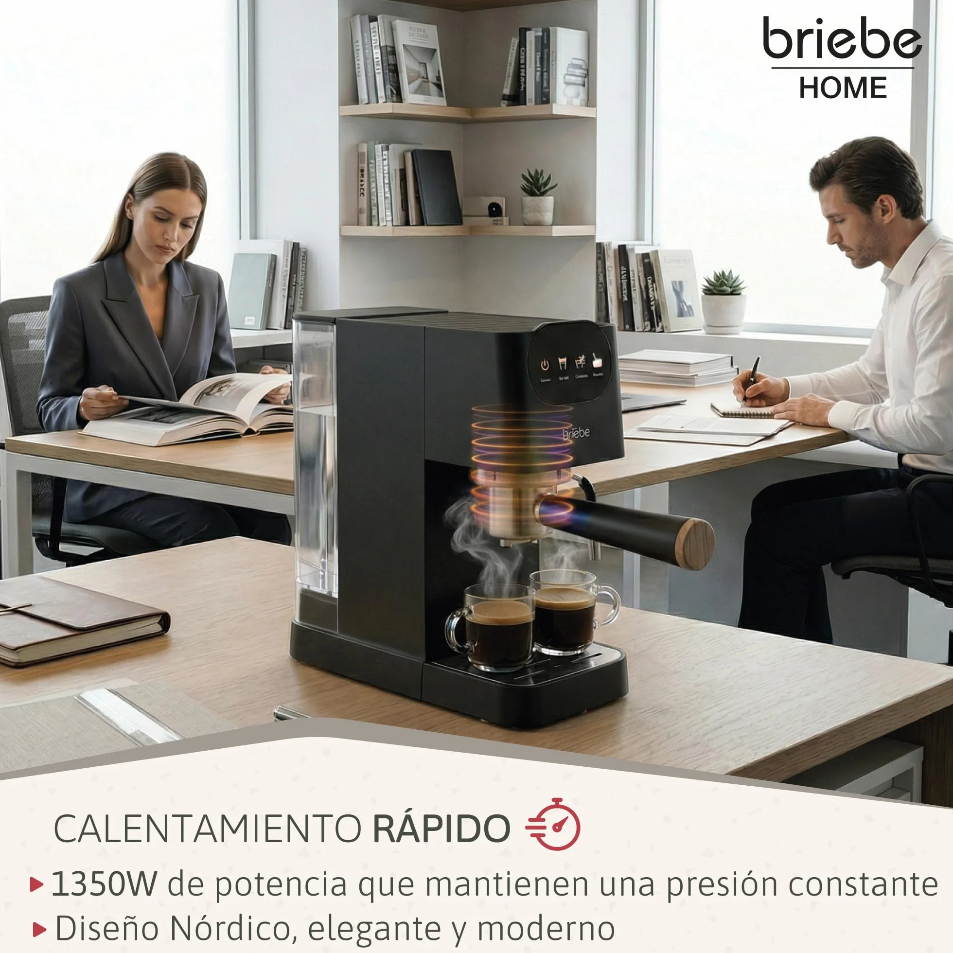 briebe Nordic Cafetera Espresso 20 Bares Compatible Cápsulas Nespresso y Café Molido, Máquina Café Semiautomática Profesional 1350W, Espumador Leche, Pantalla Táctil, 1,2L, Diseño Nórdico, Negro