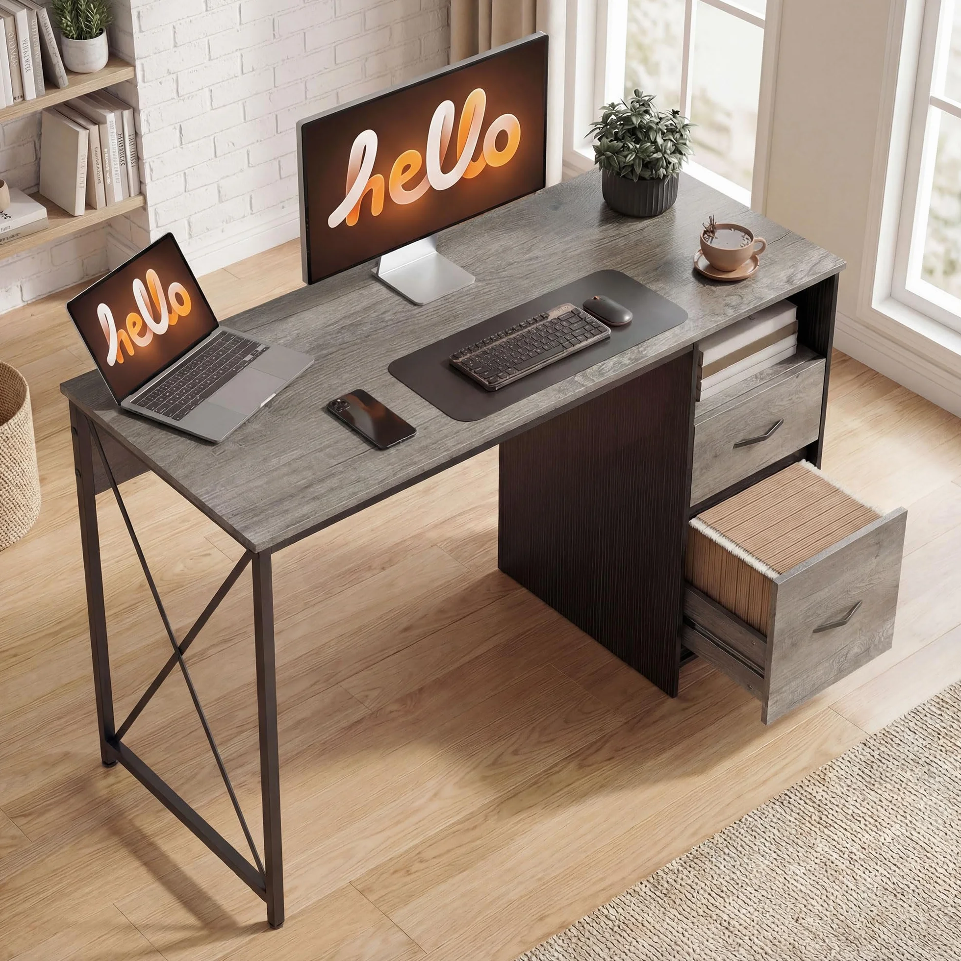 HOMCOM Mesa de Ordenador, 120x50 cm, Escritorio de Ordenador Industrial con Compartimento y 2 Cajones, para A4, Cartas, para Oficina, Estudio, Gris Claro
