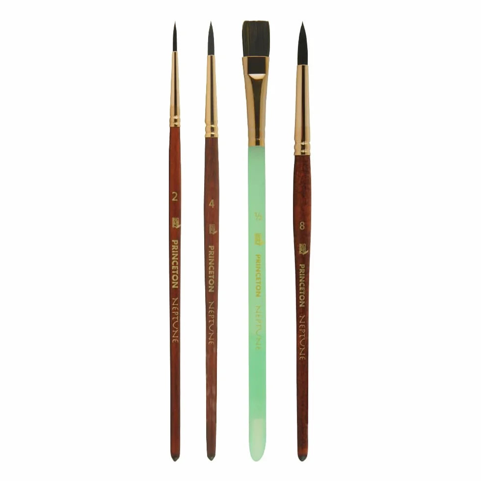 Princeton Neptune P4750HSET - Juego profesional de pinceles para acuarela, cerdas sintéticas, mango corto, madera oscura, paquete de 4, 1 unidad, P4750HSET