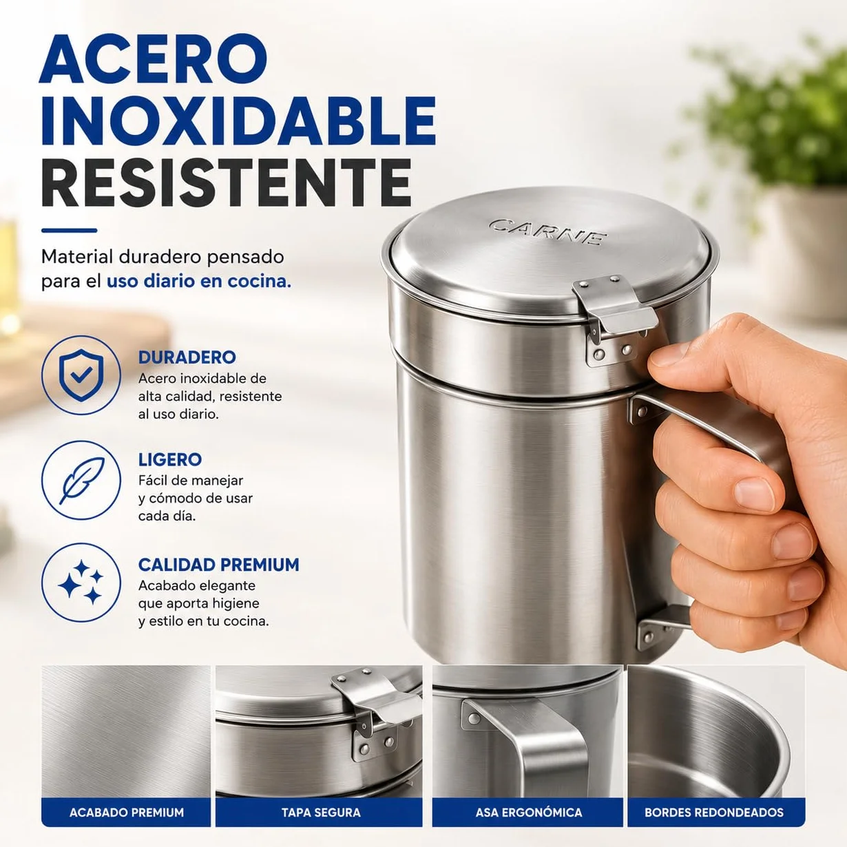 Aceitera Acero Inoxidable 500ml con Filtro Antigoteo para Aceite Usado Carne Pescado