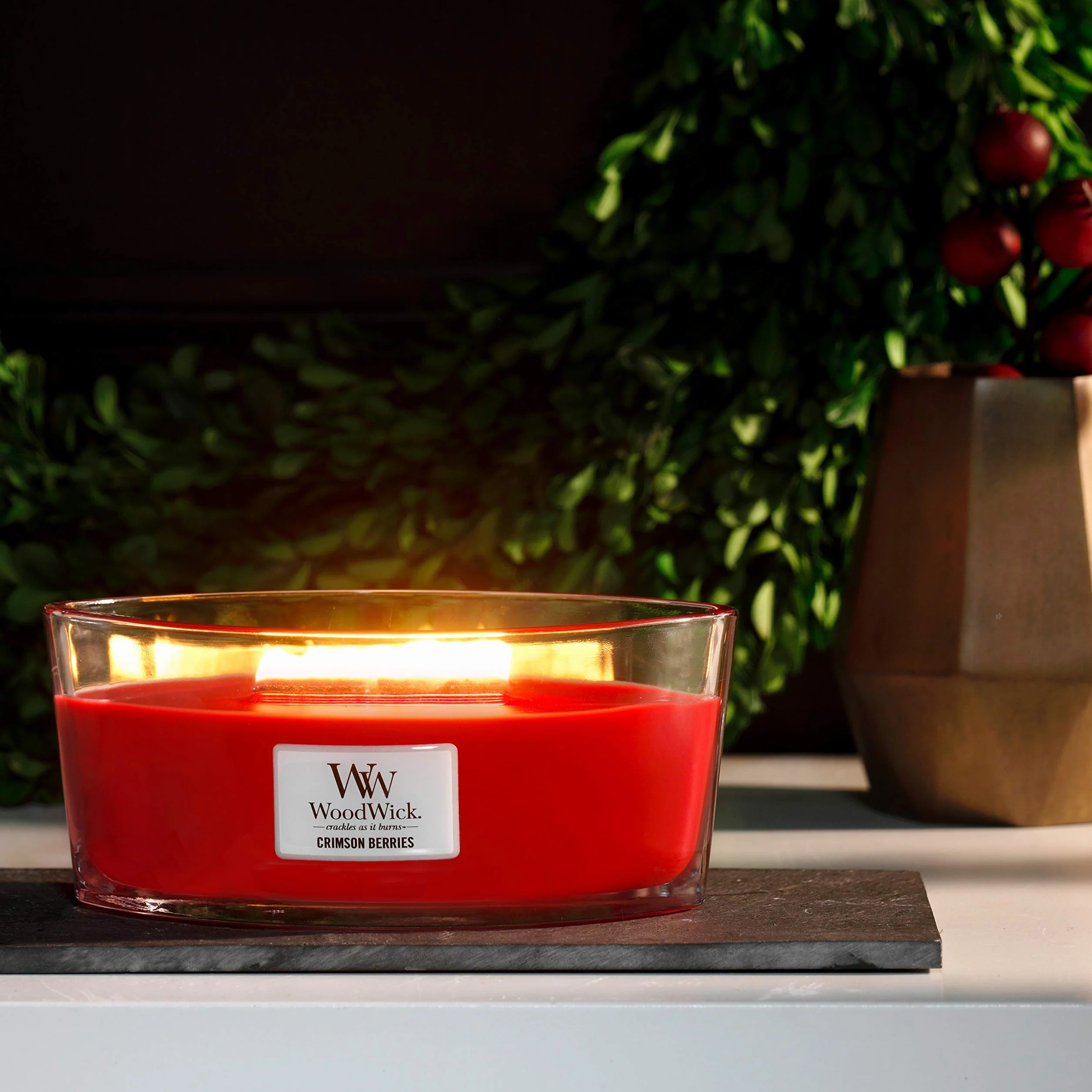 Woodwick Ellipse Vela perfumada con mecha crepitante | Crimson Berries | Hasta 50 horas de duración | Regalos para mujeres