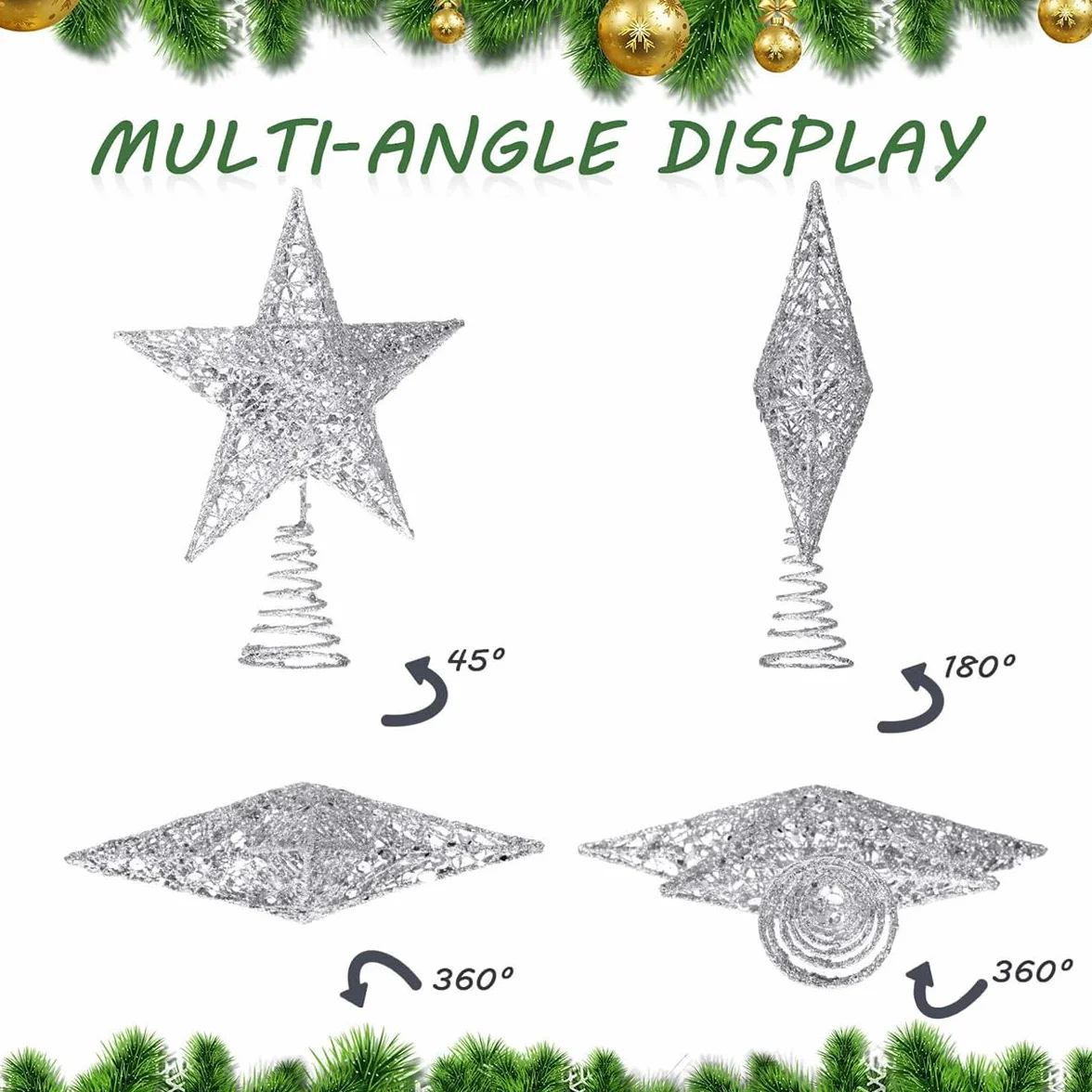 Estrella para Árbol de Navidad Plateada | Adorno con Diseño 3D Hueco y Purpurina | Decoración Universal para Copa de Árbol | Se Adapta a Todos los Tamaños | 23x20 cm, Plata