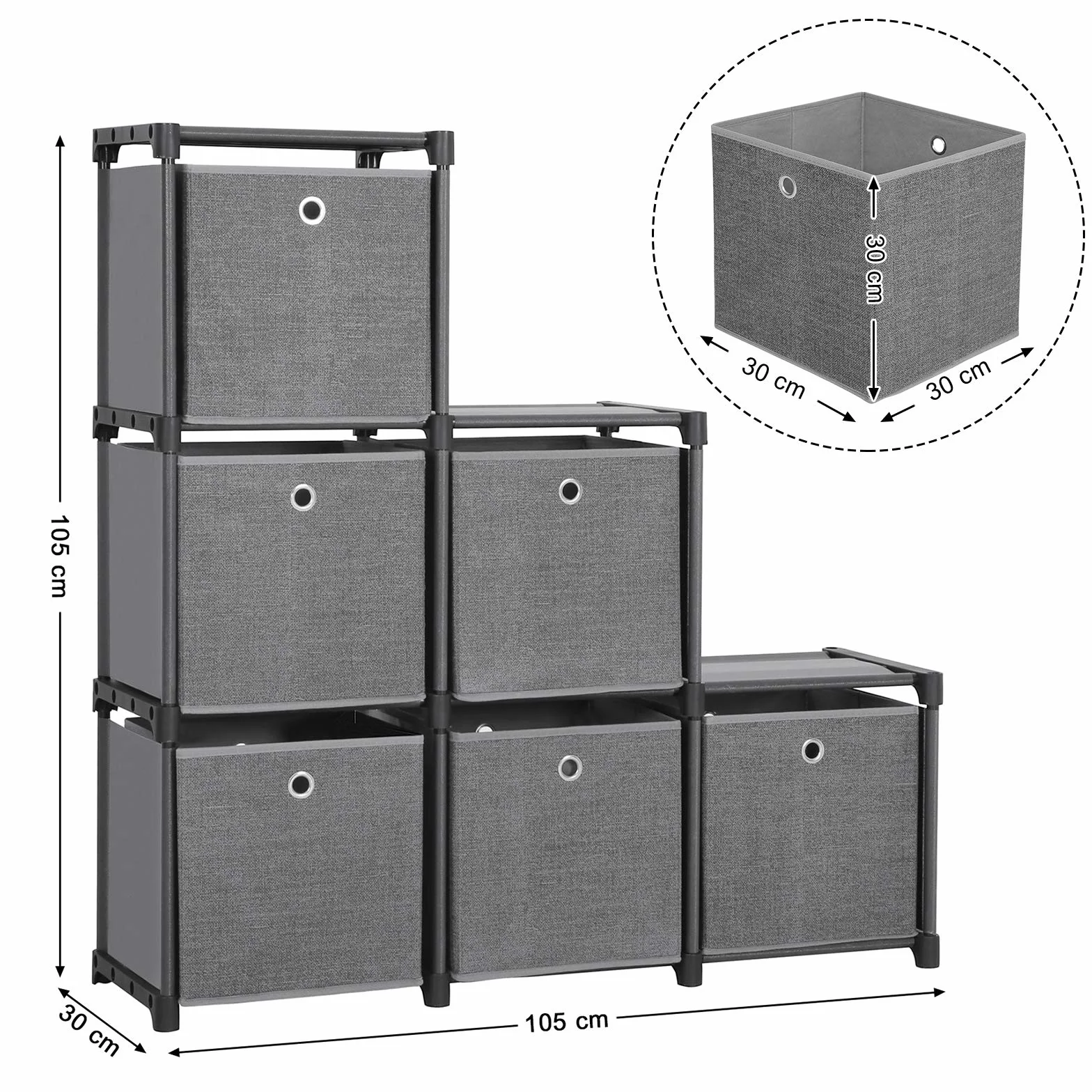 SONGMICS Estantería de 6 Cubos con Cajas de Tela, Organizador Multiusos, Metal, 30 x 105 x 105 cm, Negro LSN66BK