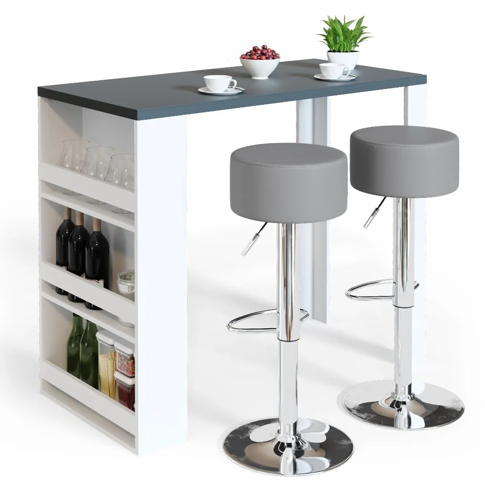 Vicco Set de Mesa de Bar, Blanco/Gris, 57 x 117 cm con 2 taburetes de Bar, Apto como Zona de Comedor Adicional en la Cocina o en el salón