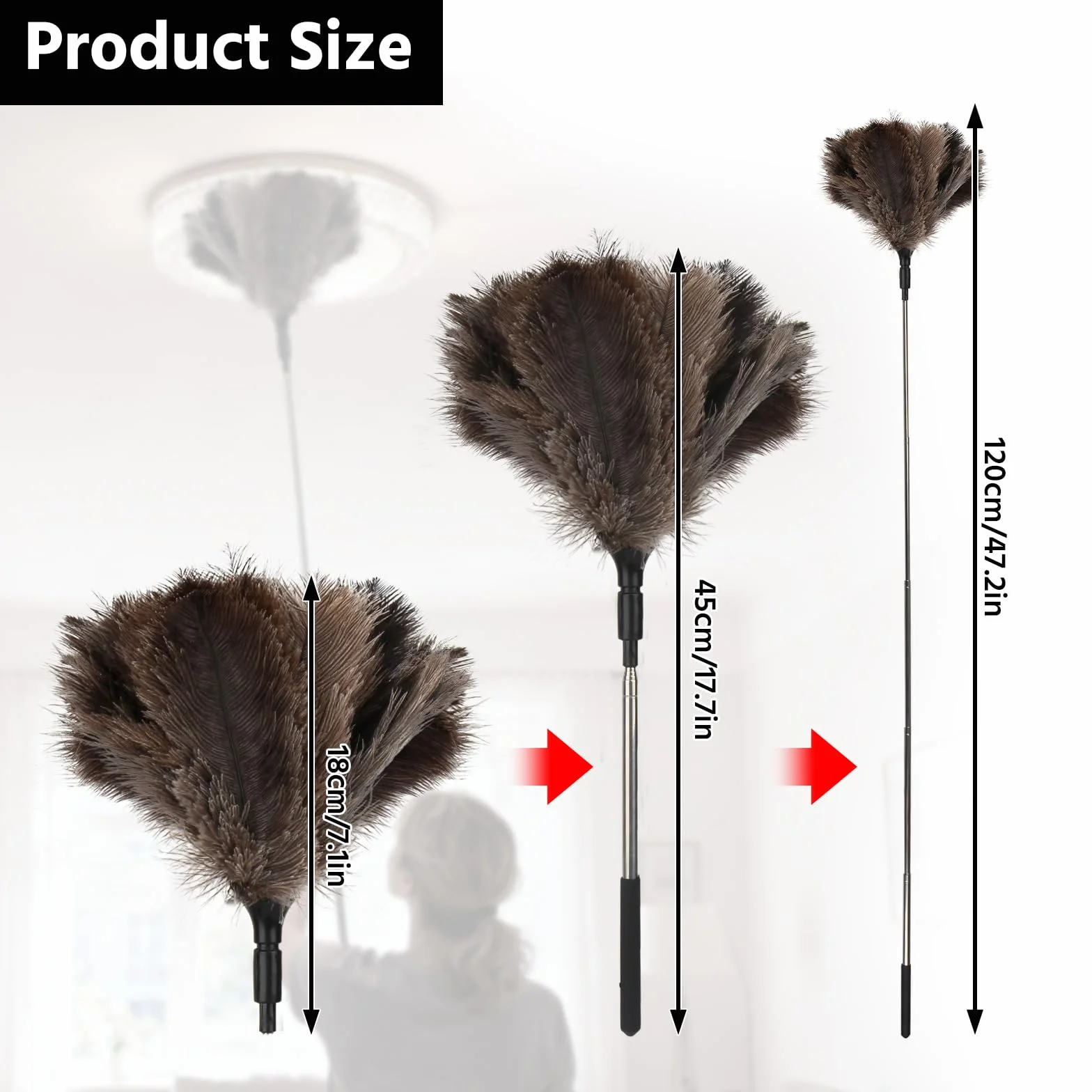 Plumero Atrapapolvo de Plumas de Avestruz - 18-120cm Plumero Telescopico Extensible, Plumeros Avestruz Lavable y Antiestático para Polvo, Telas de Araña, Techos, Muebles, Ventiladores, Coche