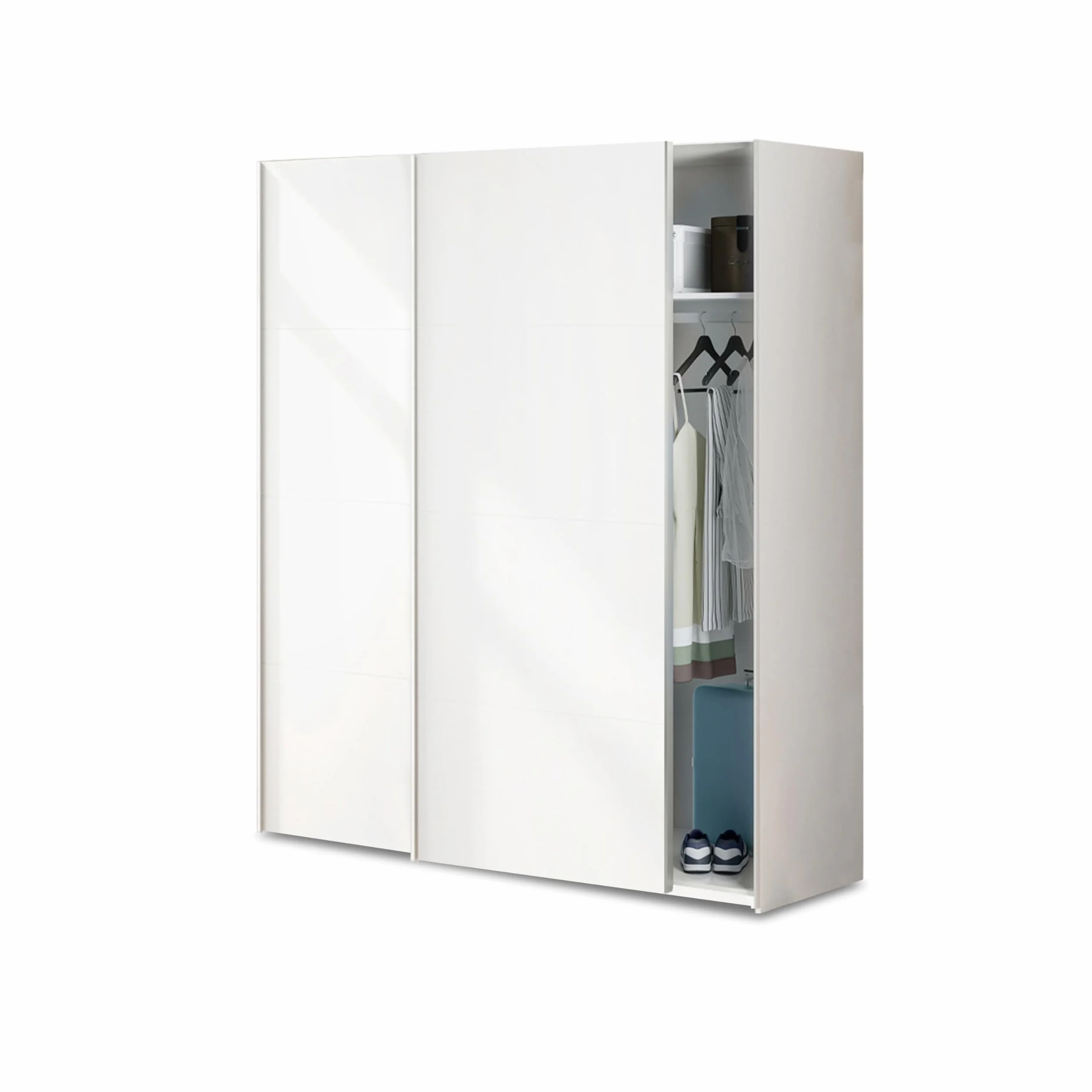 duehome | Armario de 2 Puertas Correderas, Barra de Colgar y Estantes, Armario para Dormitorio, Modelo Unix, Acabado en Blanco Artik, Medidas: 150 cm (Largo) x 200 cm (Alto) x 60 cm (Fondo)