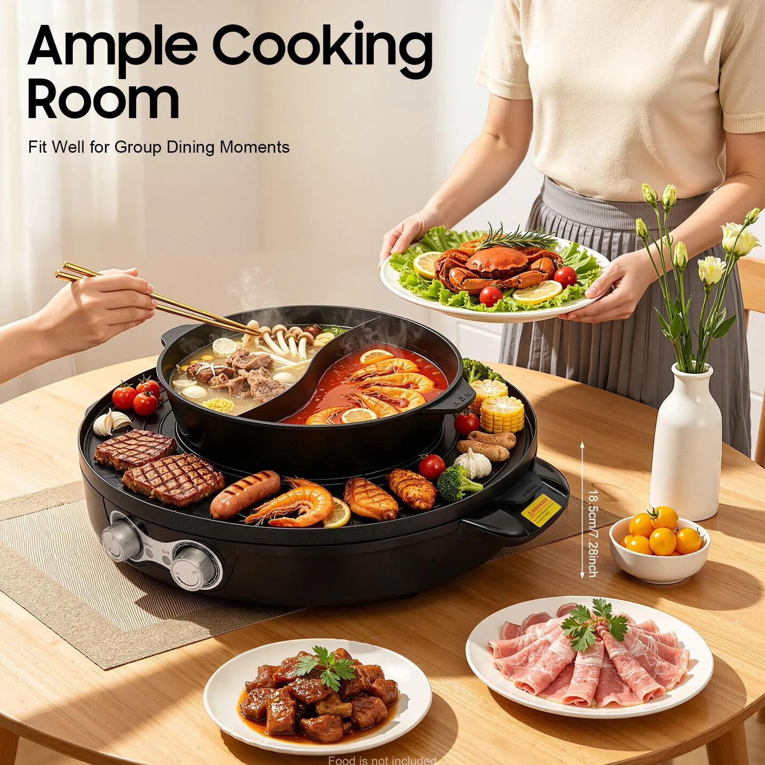 Parrilla de raclette y Hotpot 2 en 1, Calentador eléctrico de acero inoxidable antiadherente