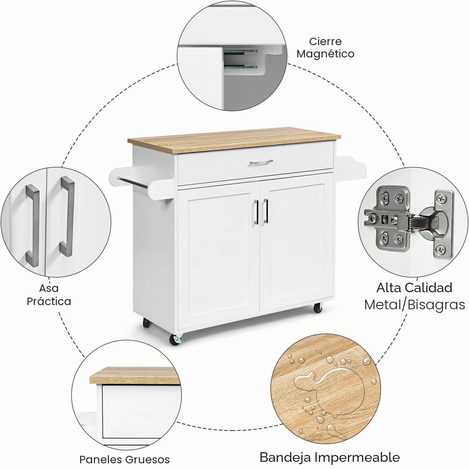 GIANTEX Isla de Cocina Móvil con Ruedas, Carro de Cocina con Cajón, Armario, Estante Lateral para Especias y Toallero, Mueble Auxiliar de Almacenamiento para Comedor (Blanco, 116x40x85cm)