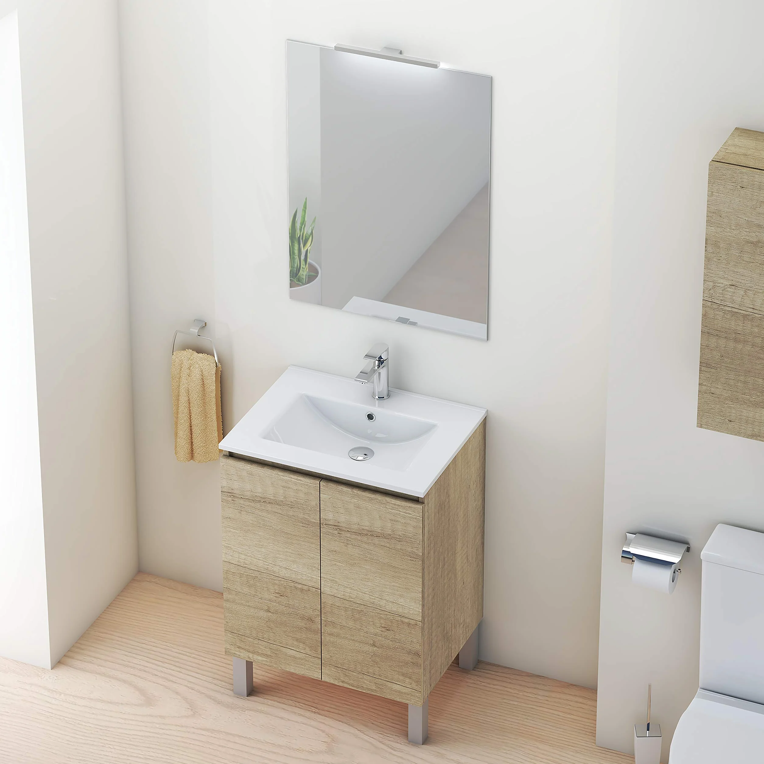 Baikal Conjunto Mueble de Baño con Lavabo y Espejo con Aplique LED con Patas, en Varios Acabados, Melamina 16. 2 Puertas 60 cm Nature