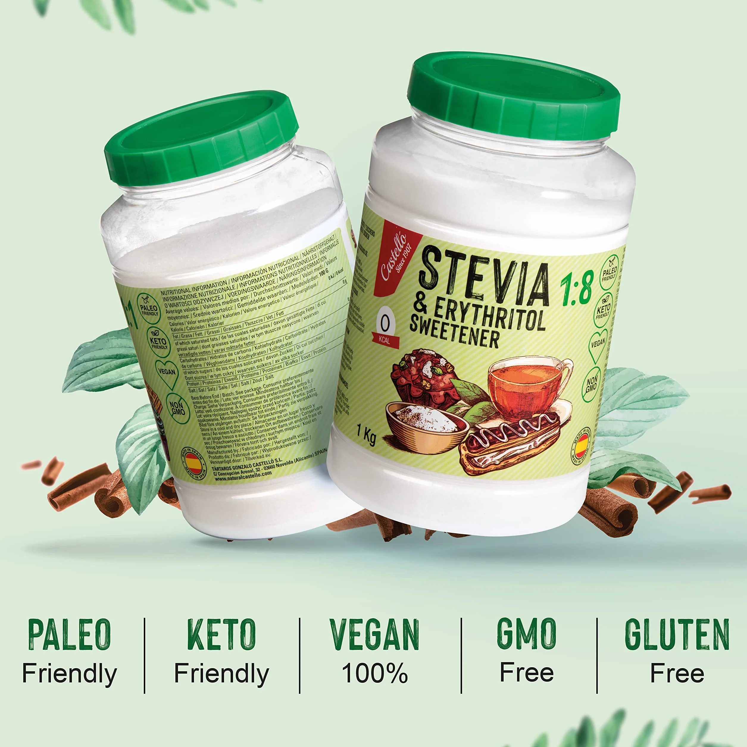 Castillo Stevia Eritritol 1:8 1 kg Sustituto del Azúcar 100% Natural 0 Calorías 0 Índice Glucémico Keto Paleo