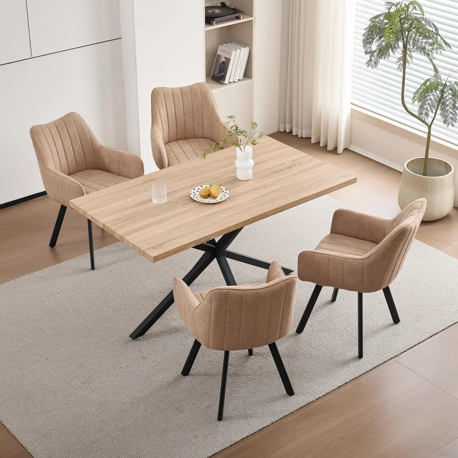Juego de 6 Sillas de Comedor con Brazos, Sillas de Cocina Tapizadas en Lino, Patas Metálicas Giratorias 360°, Aptas para Comedores, Cocinas y Salas de Estar, Caqui