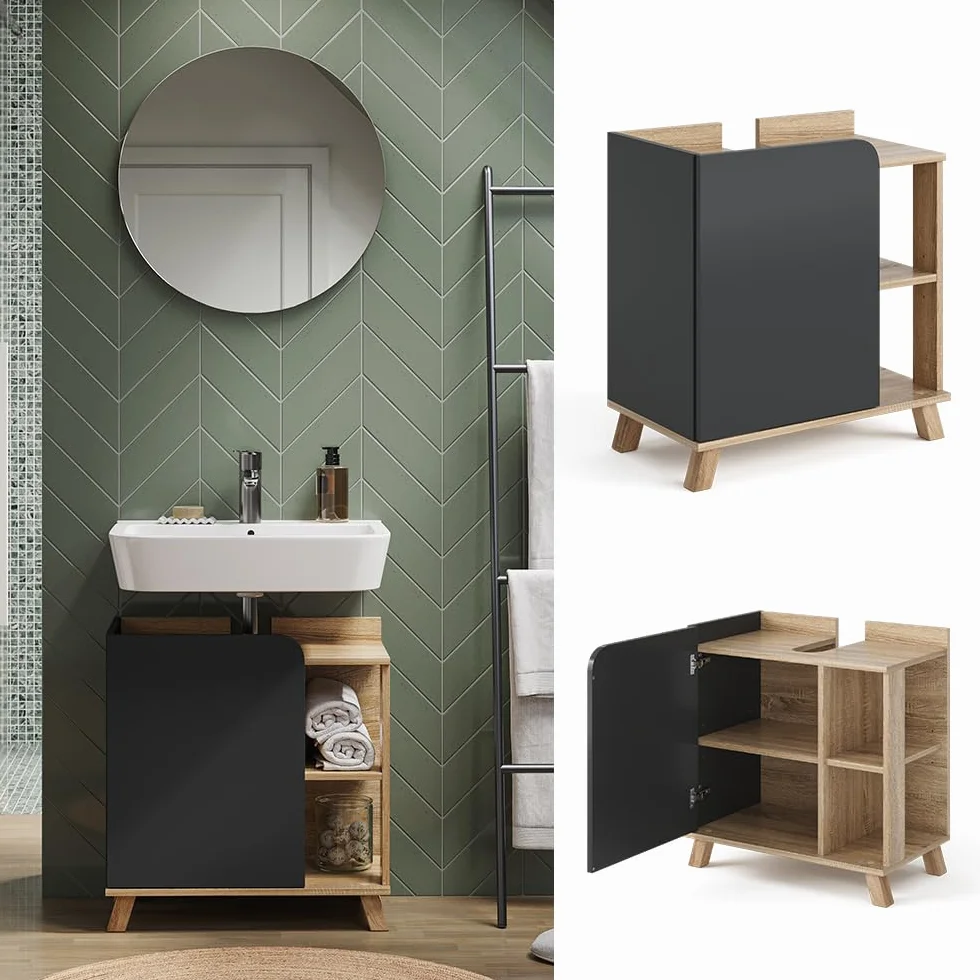 Vicco Mueble bajo Lavabo Karen, Sonoma/Antracita, 60 x 65 cm con Puerta y Compartimentos Abiertos, con Recorte para sifón para instalación Debajo del Lavabo