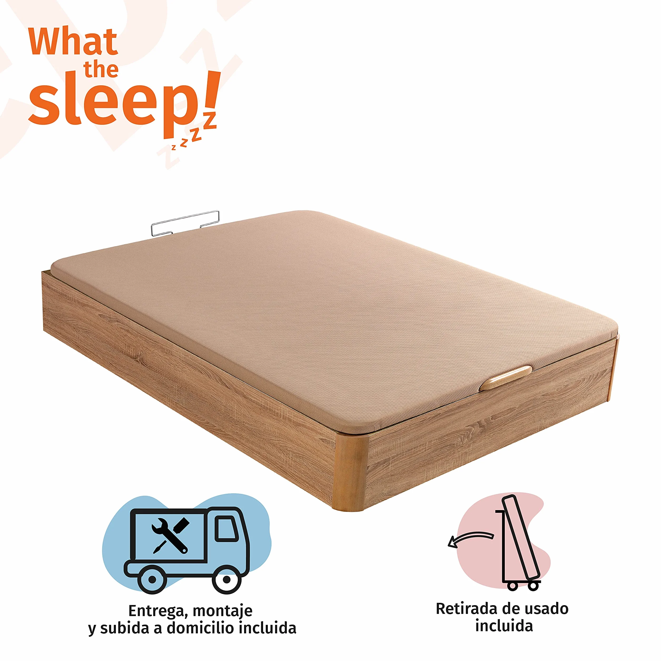 What The Sleep | Canapé Abatible de Madera Gran Capacidad | 135x190 | Montaje y Retirada Usado Incluido | Natural | 32 cm | Apto Todos Colchones | Esquinas Delanteras Redondeadas | Storage Bed