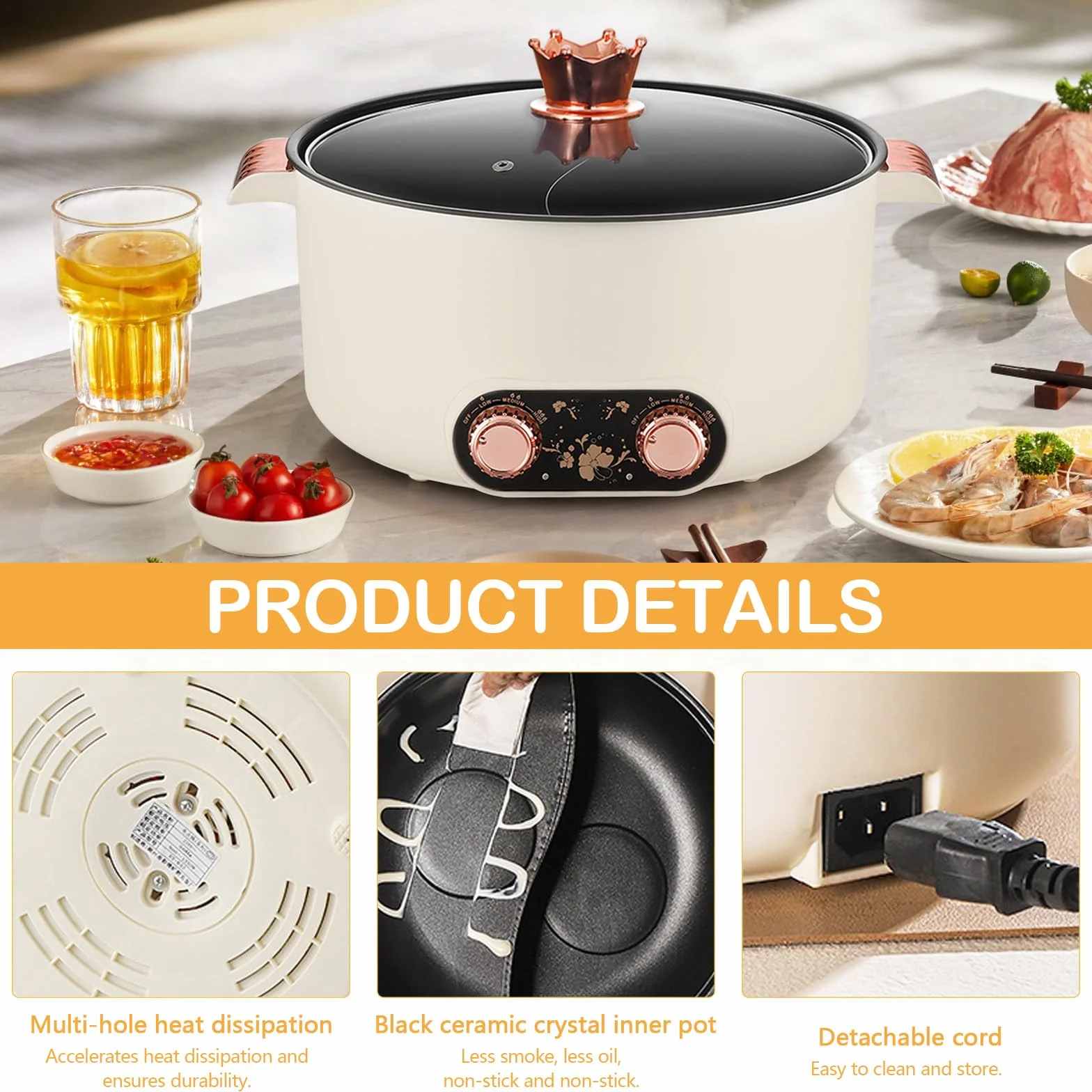 Olla eléctrica de 5 L Antiadherente Crockpot 1350 W 3 Ajustes de Potencia para Cocinar Guisos y Sopa