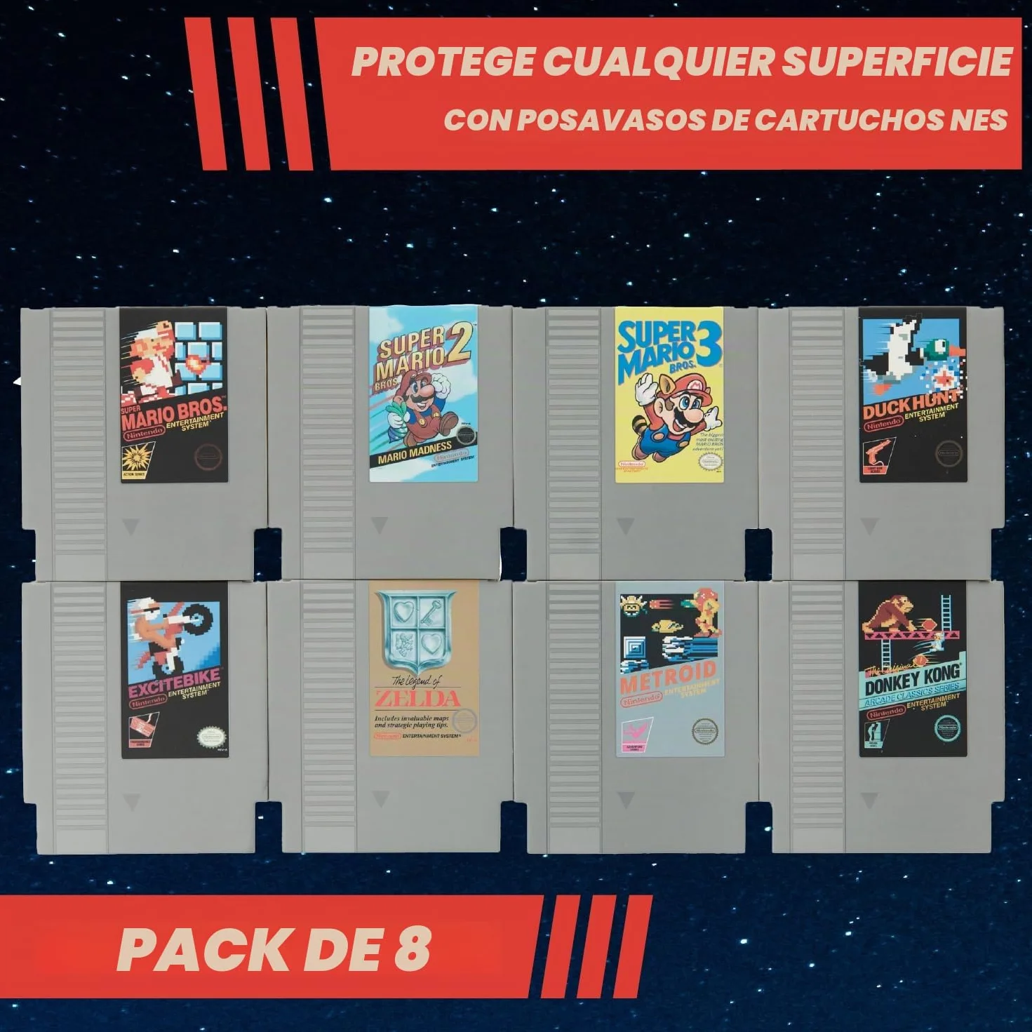 Posavasos Retro NES Nintendo - Set de 8 Posavasos Oficiales con Juegos Clásicos, Regalo para Gamers