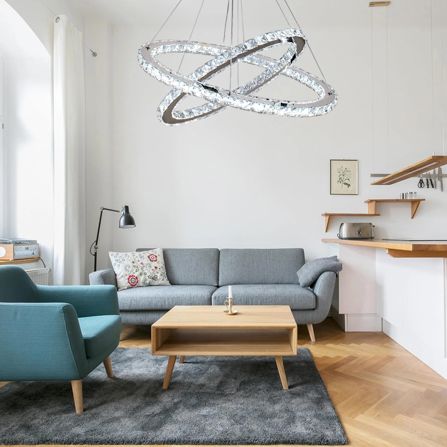 Finktonglan Candeliers de cristal, óvalo 2 anillos Chandelier moderna con control remoto, lámpara lineal LED LIGHTLIER PIELTA LUZ para comedor de cocina dormitorio de sala de estar dormitorio