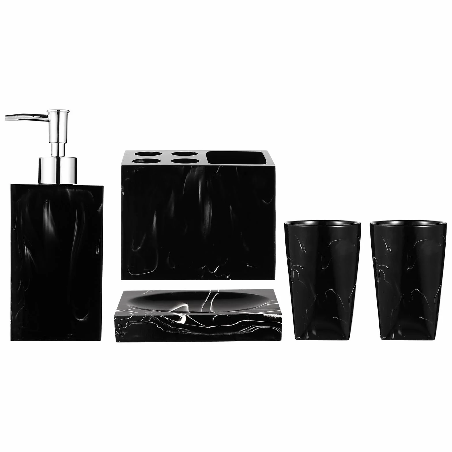 CRAFTHROU de Accesorios para Baño en Resina Negra Juego de 5 Piezas Soporte para Cepillos de Dientes, Jabonera y Vasos, Diseño Cómodo y Práctico para Lavabo