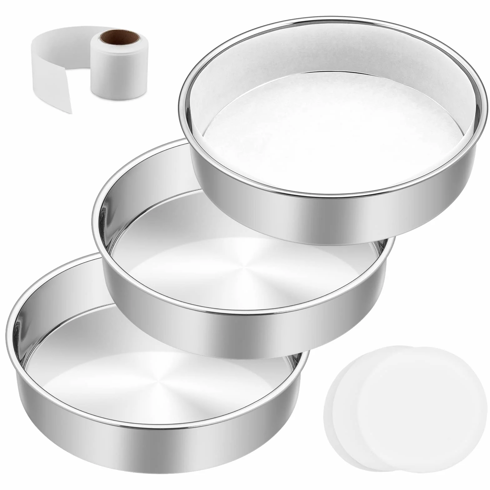 Juego de 3 sartenes para tartas de 9½ pulgadas, de acero inoxidable E-Far, con capas redondas de pergamino y rollo de forro lateral, lata de metal no tóxica y saludable, apta para lavavajillas
