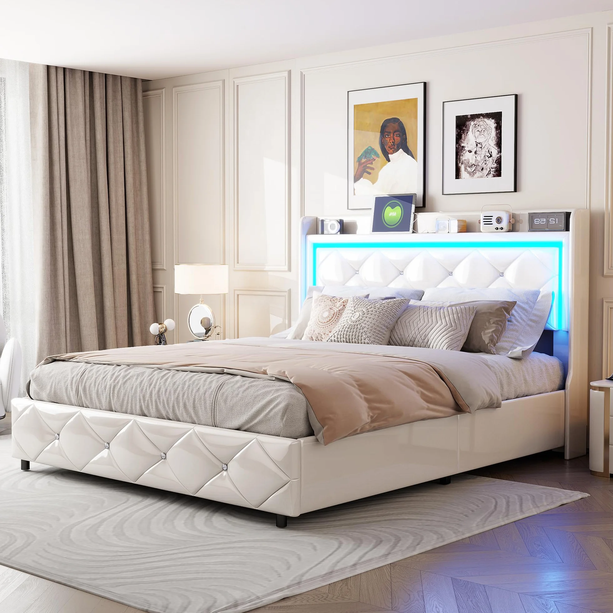 BRILVERDE Cama tapizada 140x200 cm, Cama Doble con iluminación LED, cabecero con Compartimentos de Almacenamiento y función de Carga USB, Base con somier, Cama de Dormitorio, PU, ​​Blanco